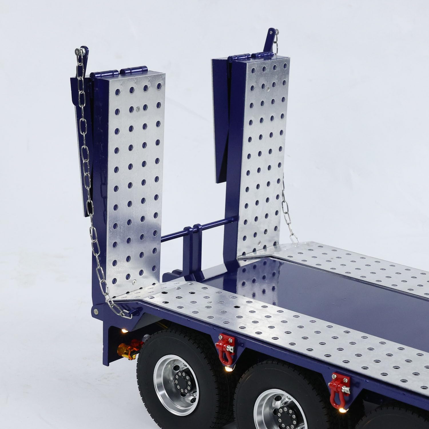 5-Axle Metal Semi Trailer Compatible with 1/14 Tamiya RC Tractor Truck Remote Control Dumper Lights Electric Tail-Board and Legs Hobby Model(Dark Blue)