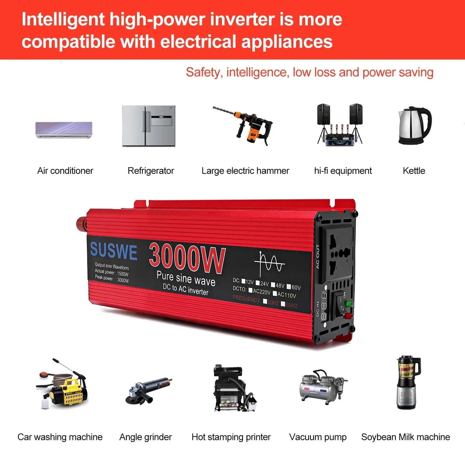 Power Inverter,Inverter Auto 3000W Onda Pura, 12V/24V DC a 220V/110V AC(2000W,24V)