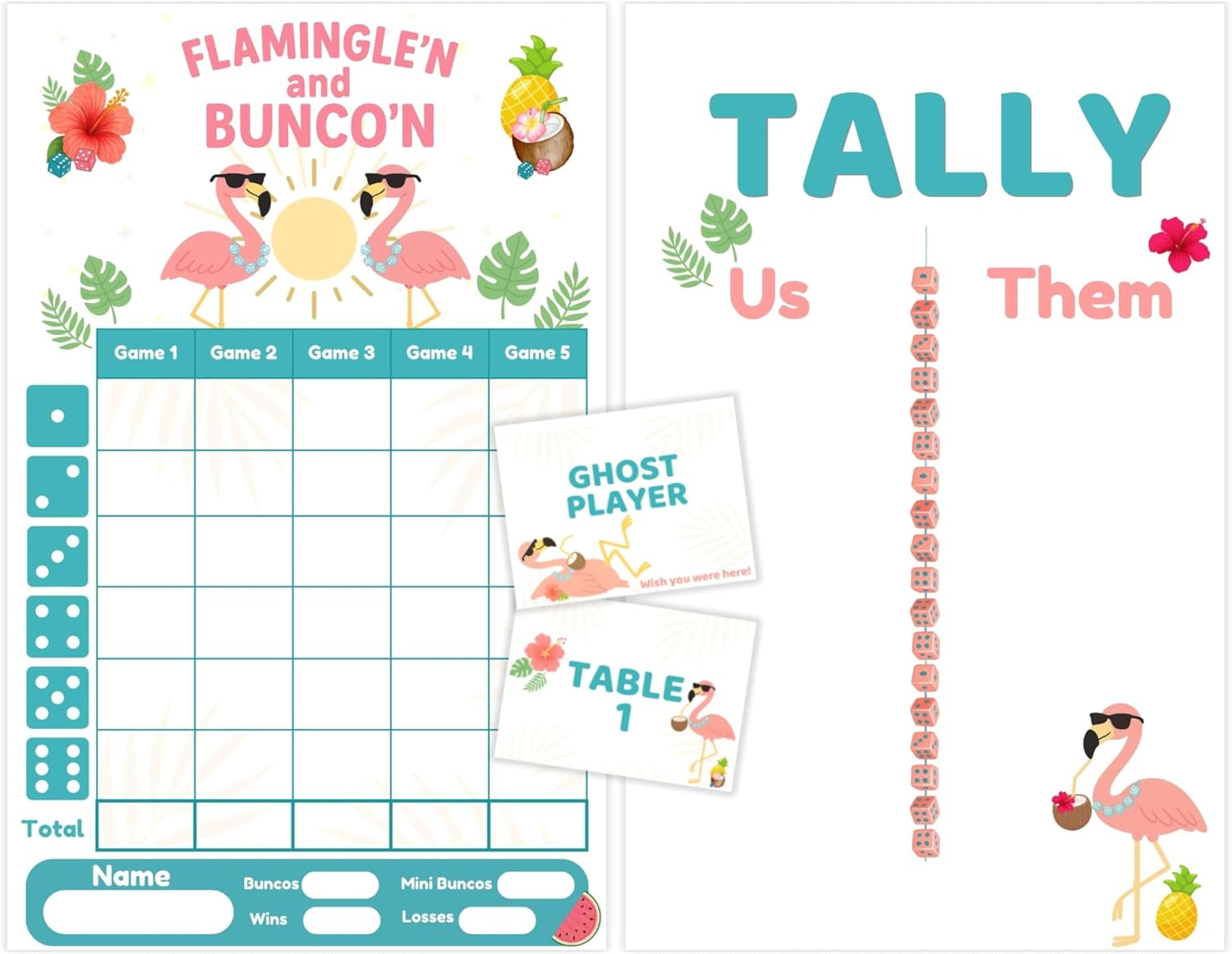 Summer Bunco Game Set – Tropical Flamingo Theme with Scorecards, Tally Sheets, Table Cards & Ghost Player – Fun Dice Game Kit for Adults, Pool Parties & Girls Night