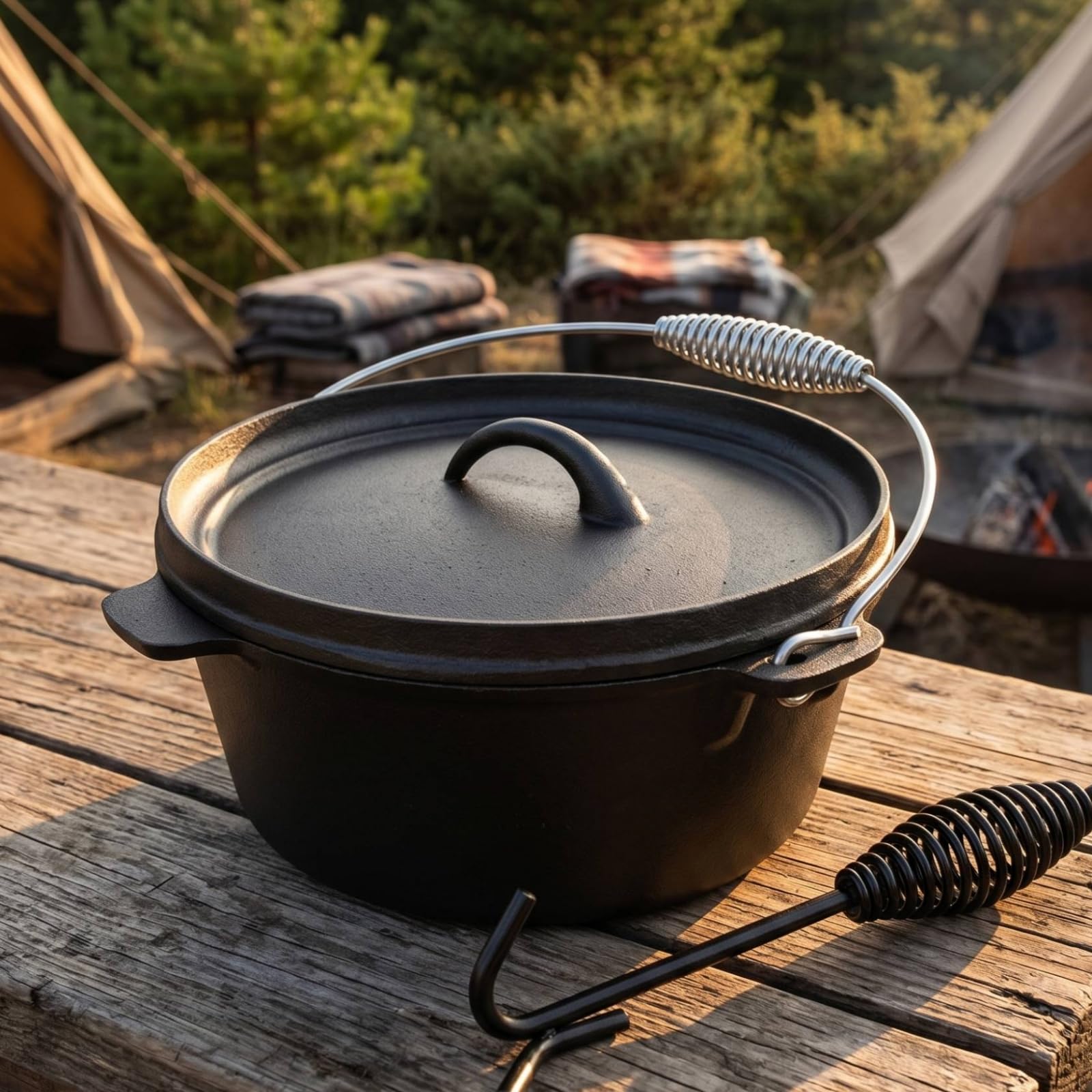 Colcolo Olla de Hierro Fundido Olla de Guiso Cazuela Caldero con Tapa y Asideros Laterales Incluye Gancho para Manipular la Tapa sin Recubrimiento Adecuada