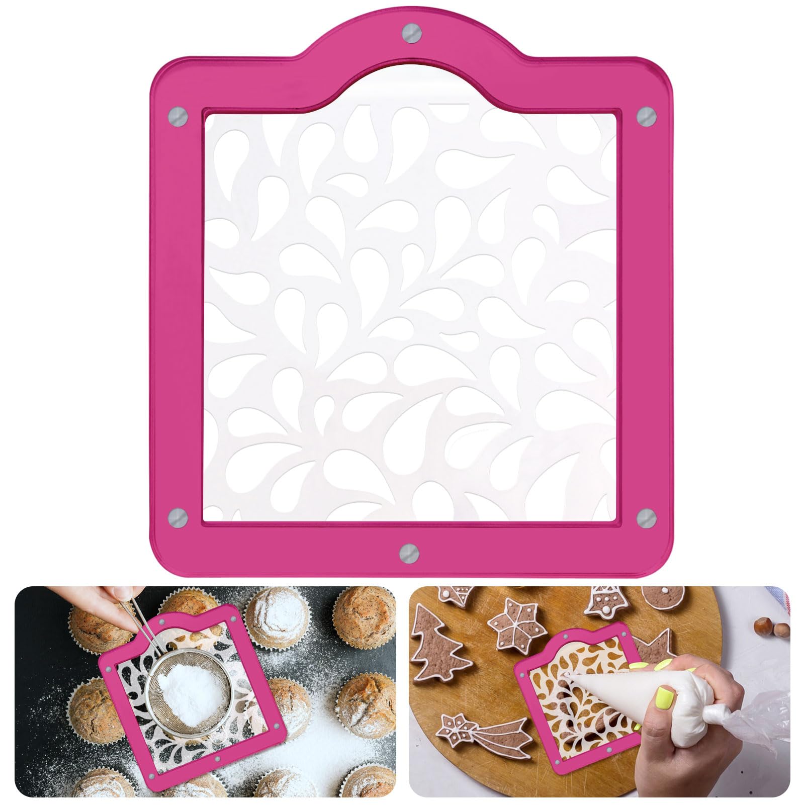 Magnetic Acrylic Cookie Stencil Holder,Cookie Stencil Frame Stencils for Royal Icing,Magnetic Template Frame for Cooking Cake Coffee Dessert Decoration Supplies (Pink Square-6.7 * 6.1 in)