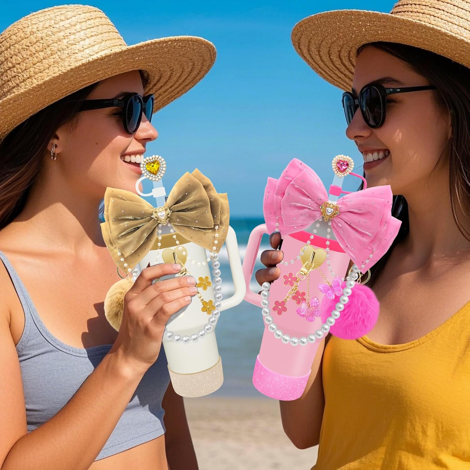 LBU Bling Stanley Cup Accessories for 40/30/20 oz Tumbler with Handle Including Glitter Bow Straw Topper, Heart Straw Cover, Pearl Water Bottle Handle Strap, Boot, Pom-Pom, Keychain Charms(Hot Pink) - Image 4
