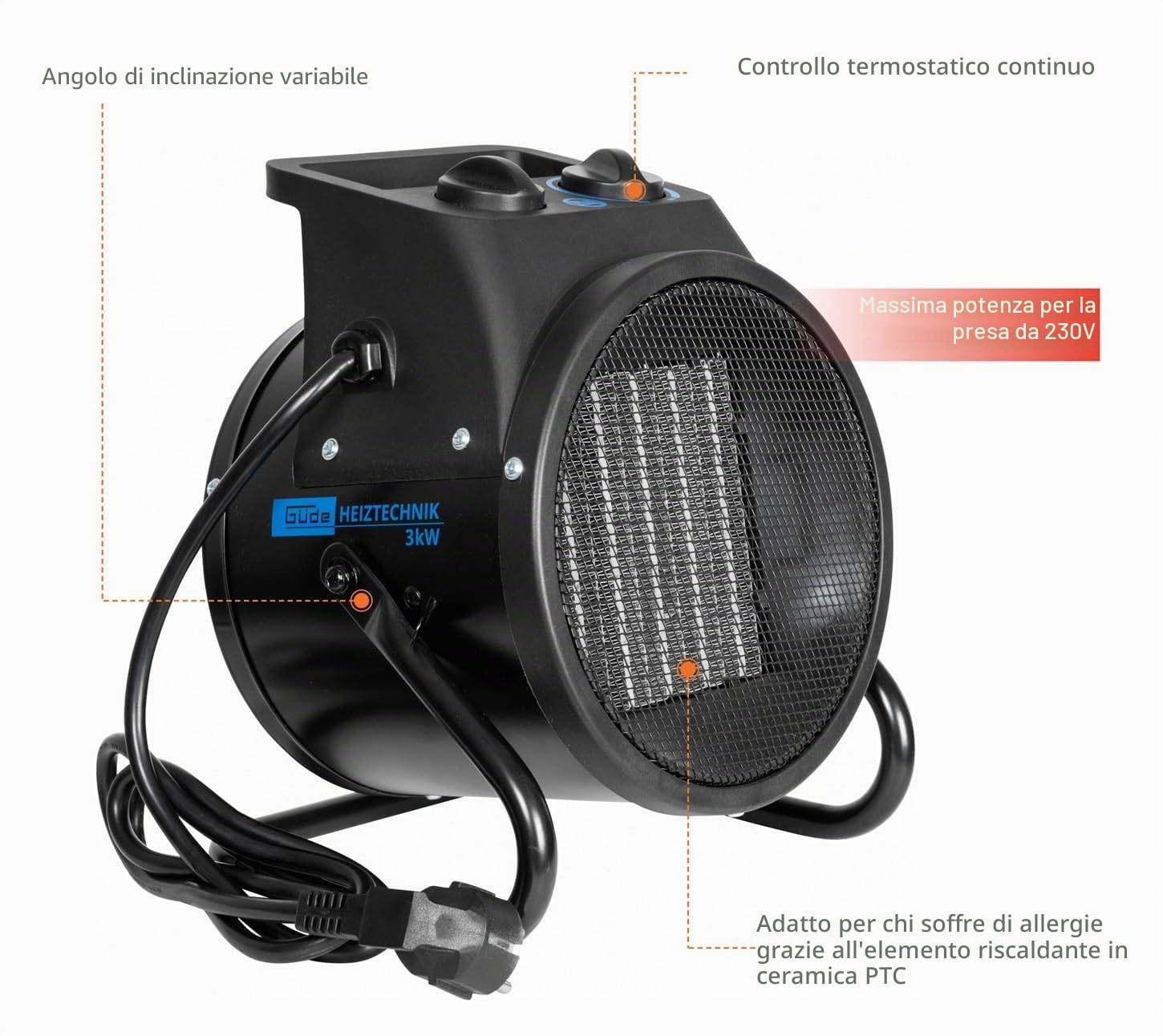 Güde Riscaldatore elettrico GEH 3000 P (3000 W di potenza di riscaldamento, 2 livelli di riscaldamento (2000/3000 W) + funzione ventilatore, 238 m³/h max. potenza del ventilatore, elemento riscaldante