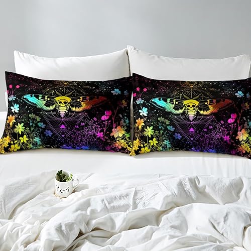 Miniatura 6 de Erosebridal Juego de sábanas de polilla de la muerte, sábana bajera multicolor de teñido anudado, tamaño queen, sol, luna, juego de ropa de cama de