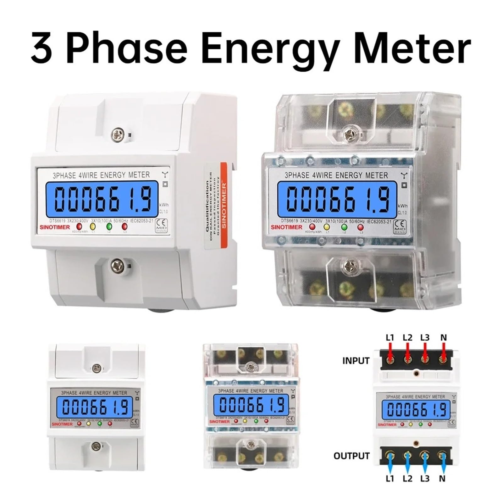 3-fazowy licznik energii elektrycznej, 4-przewodowy, szyna Din, licznik zużycia energii elektrycznej, 50/60 Hz, monitor zużycia energii, 100A AC 3x230/400V (bez podświetlenia)