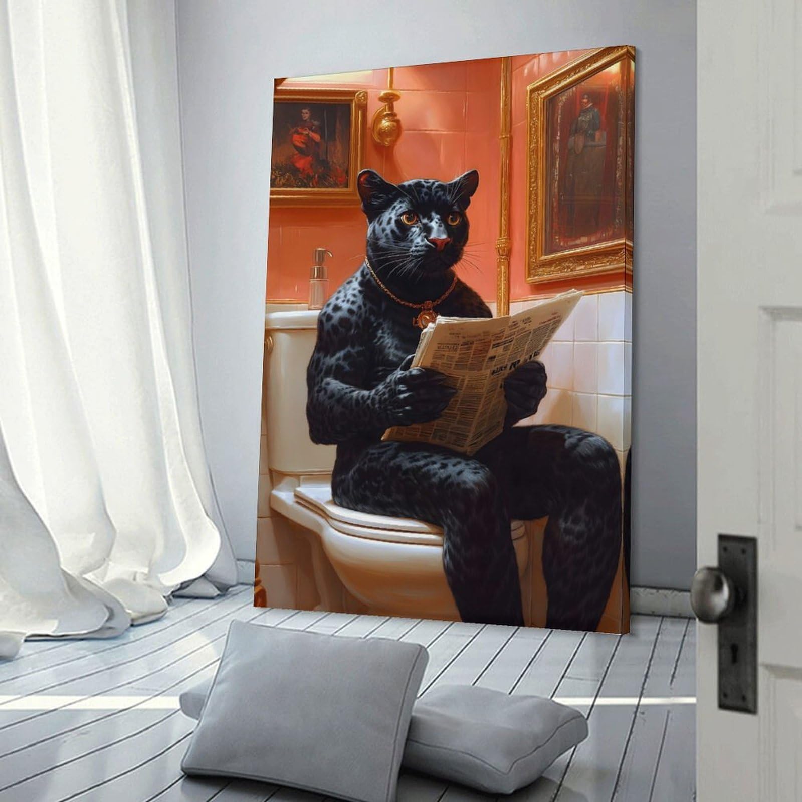 Junmoney Wall Decor Canvas Print Black Panther on Toilet, 24x36inch(60x90cm), for Study, Office Or Apartment Decor, Canvas Artwork with Gifting Potential