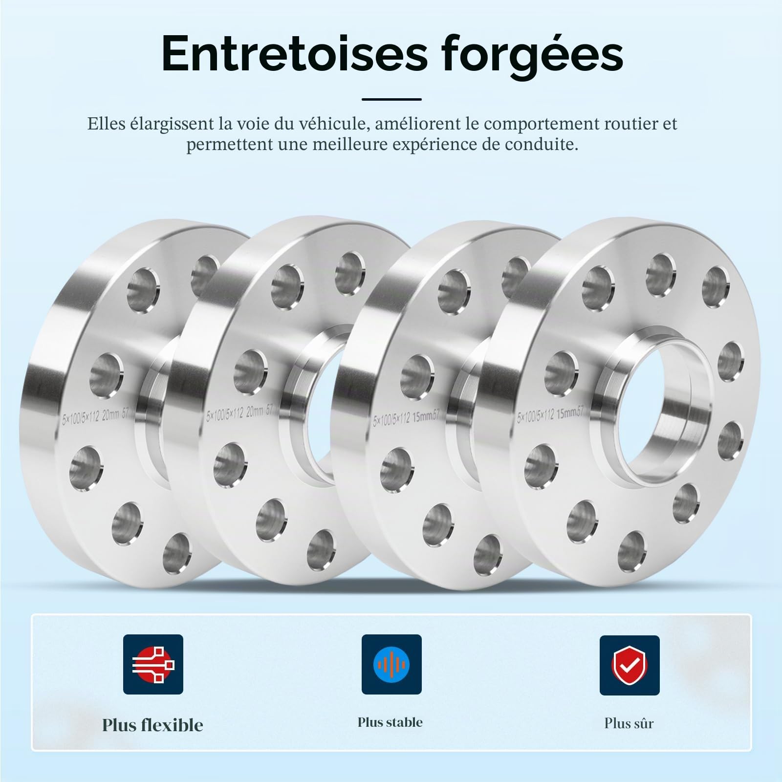 GEARMONSTER Lot de 4 élargisseurs de voie/entretoises de 15mm et 20mm LK: 100/5+112/5 NLB:57.1 avec 20 boulons de roue M14x1,5 40/45mm pour VW Golf