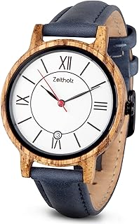 Holzuhr Damen, Armbanduhr, Lederband Blau, Analog, Quarz, Neue Rosenbach Kollektion 36mm, Naturholz mit Japanischem Quarzwerk. Eine Aussergewöhnlich Vielseitige Damenuhr