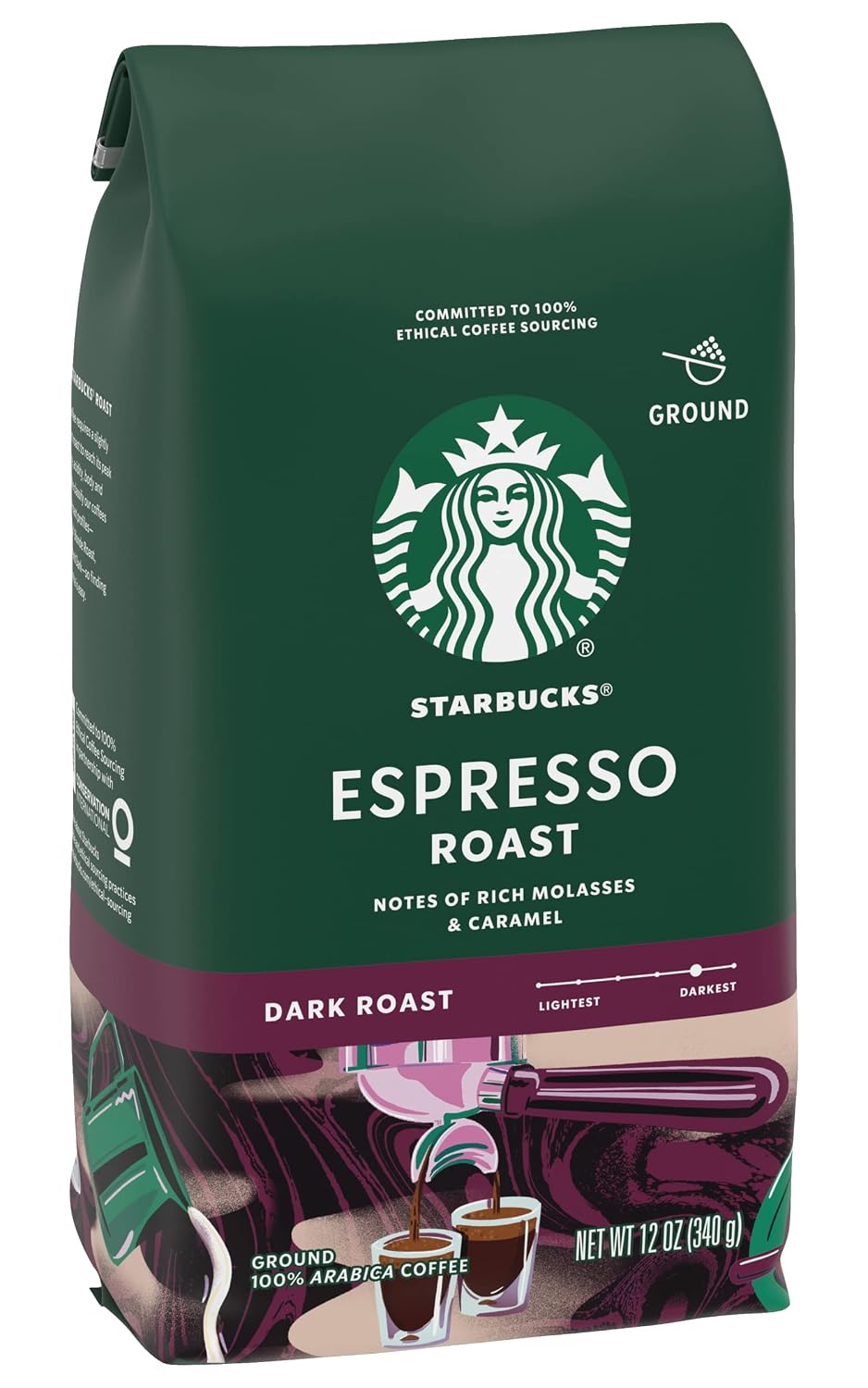 Starbucks Ground Coffee, Espresso Roast, Dark Roast Coffee with Notes of Rich Molasses & Caramel, Ground 100% Arabica Coffee, 12-Ounce Bag (Pack of 3)