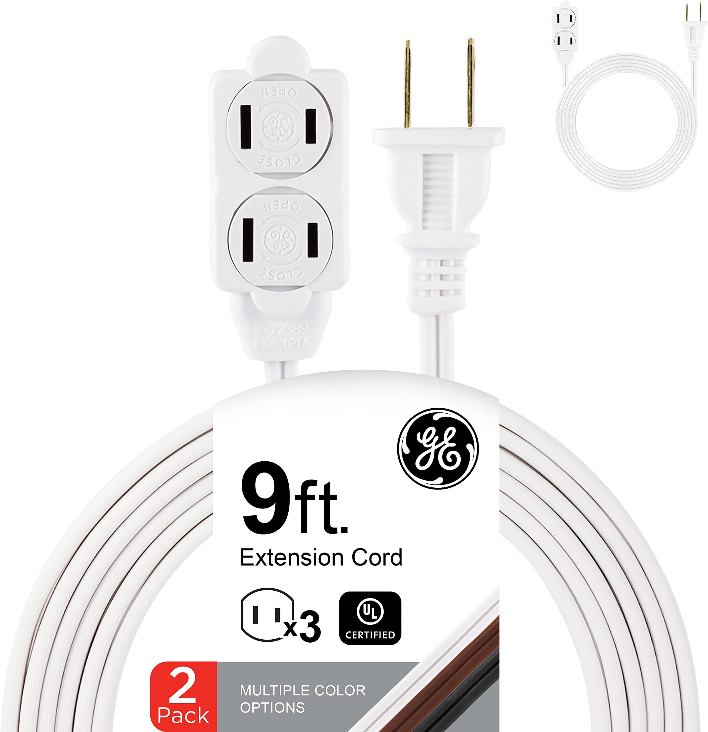 GE 3-Outlet Extension Cord with Multiple Outlets 9 Ft Extension Cord Power Strip 2 Pack 16 Gauge Twist-to-Close Safety Outlet Covers Outdoor Extension Cord Outlet Extender UL Listed White 50357