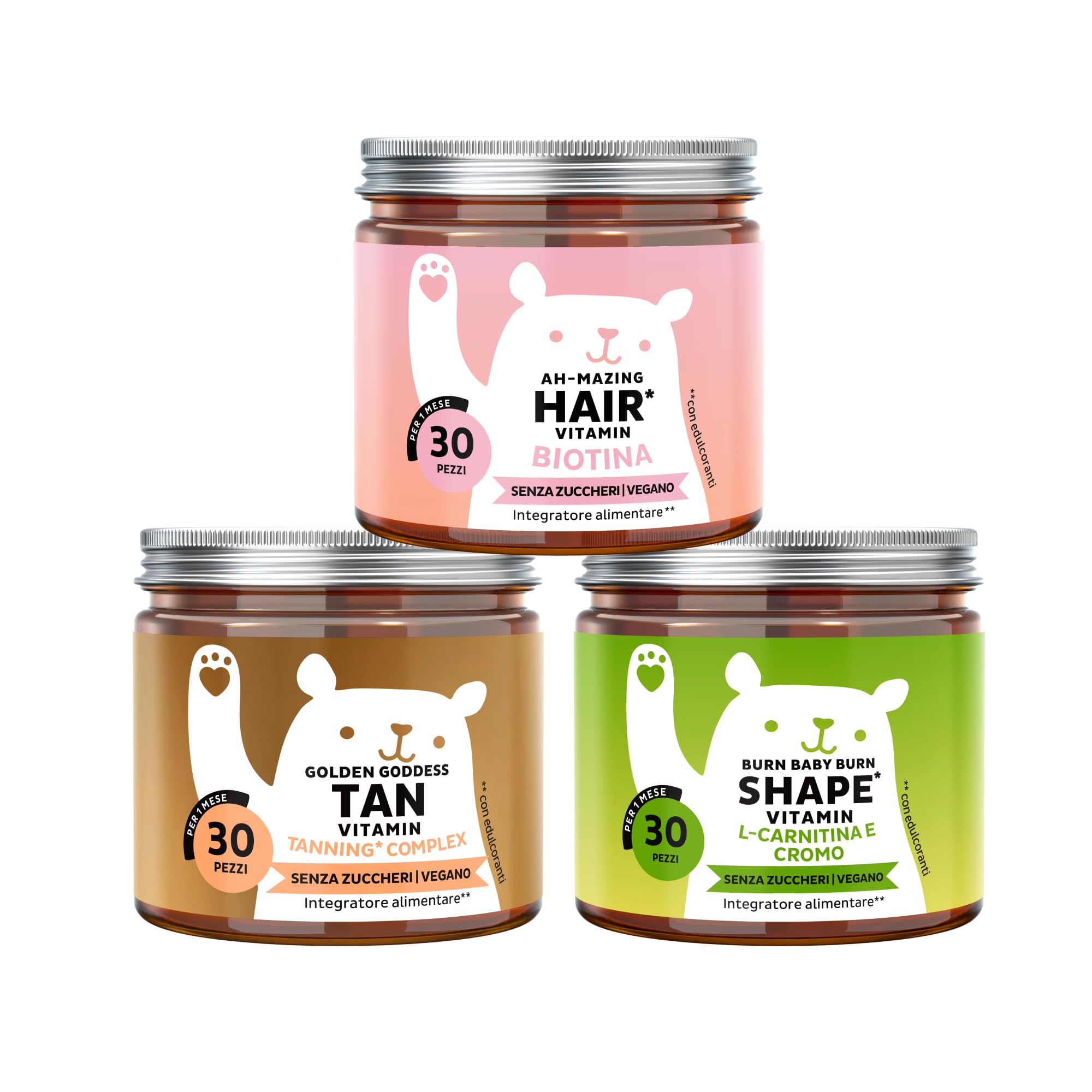 Bears with Benefits - Pack Trio per Capelli, Pelle e Linea - 3x30 pezzi | Pack Trio con Biotina per i Capelli, Rame per la Pelle e Cromo per il Metabolismo - Senza Zuccheri, Vegano