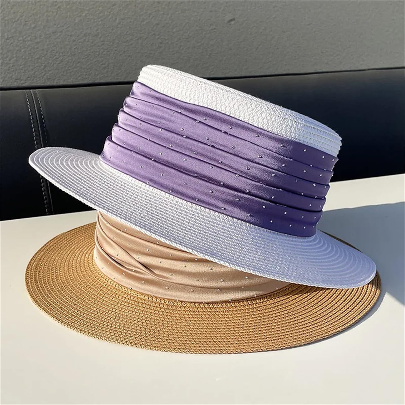 Cappello da donna in raso con strass in paglia treccia piatta visiera cappello jazz casual panama cappello estivo elegante da spiaggia cappelli di paglia
