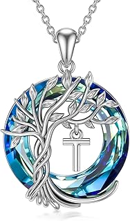 Tree of Life Initial A-Z Letter Necklace 925 Sterling Silver Irish Family Celtic Tree Blue Crystal Jewellery Anniversary Birthday Gifts for Women Girls Ladies Her Wife