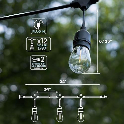 Miniatura 5 de LUXRITE Guirnalda de luces LED de 24 pies para exteriores, resistente al agua, 12 bombillas Edison S14 inastillables, luces colgantes para patio,