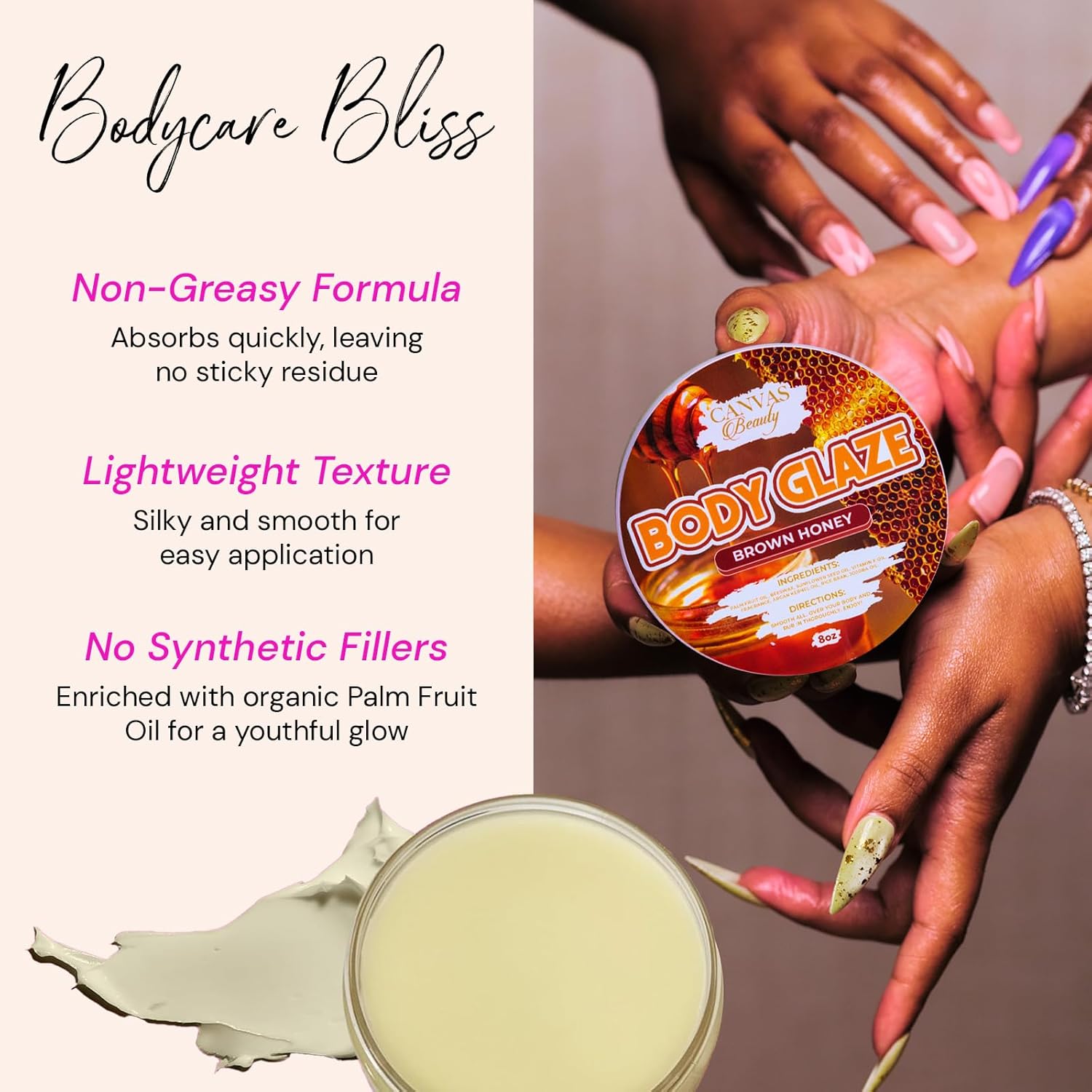 Canvas Beauty Body Glaze, Brown Honey - Moisturizing Non-Greasy Body Butter for Women With Beeswax, Jojoba Oil, and Rice Bran for Soft and Glossy Skin