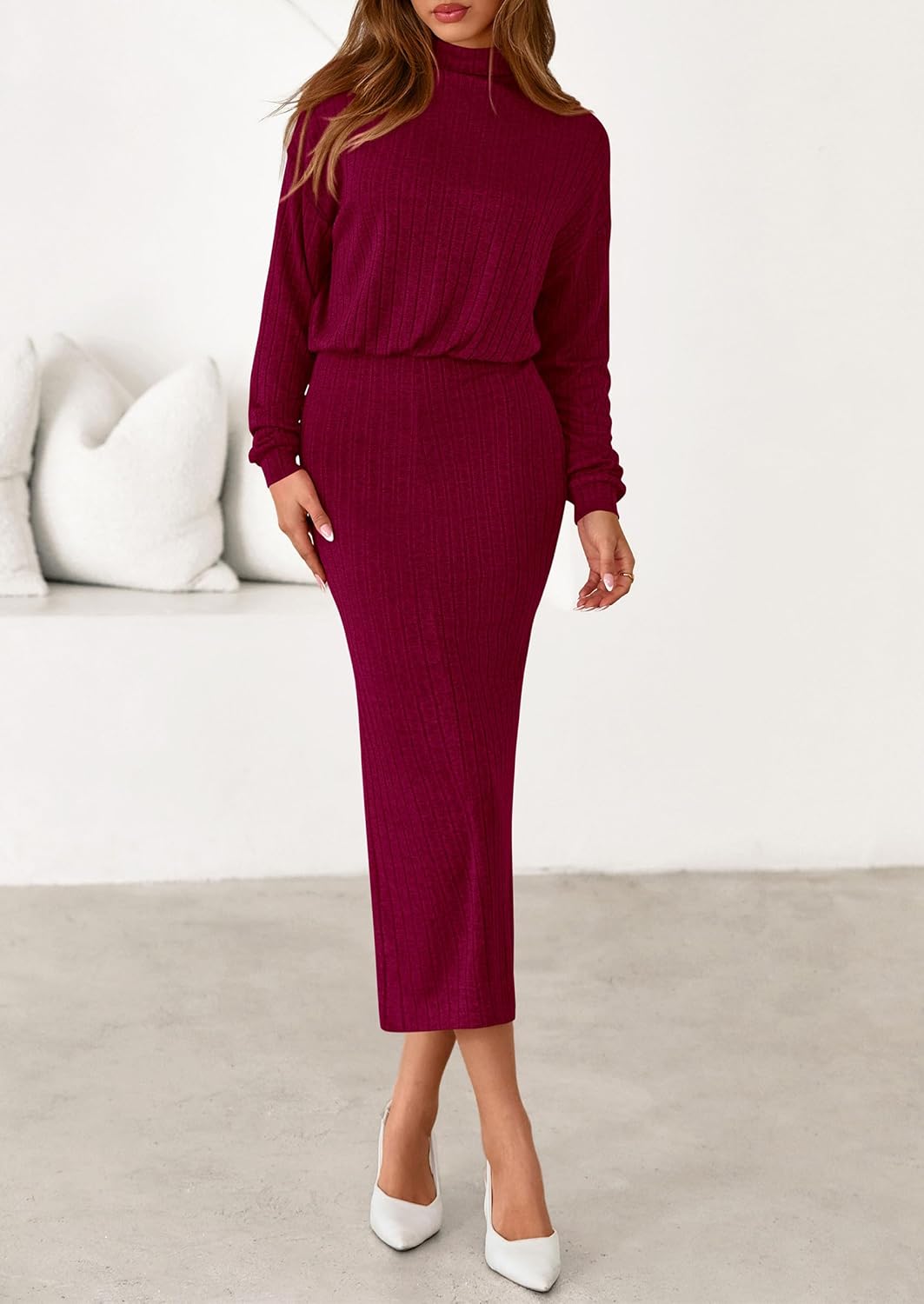 PRETTYGARDEN Turtle Neck Dresses for Women 2026 Fall Knit Outfits Slit Elastic Waist Long Sleeve Bodycon Midi Sweater Dress - Image 7