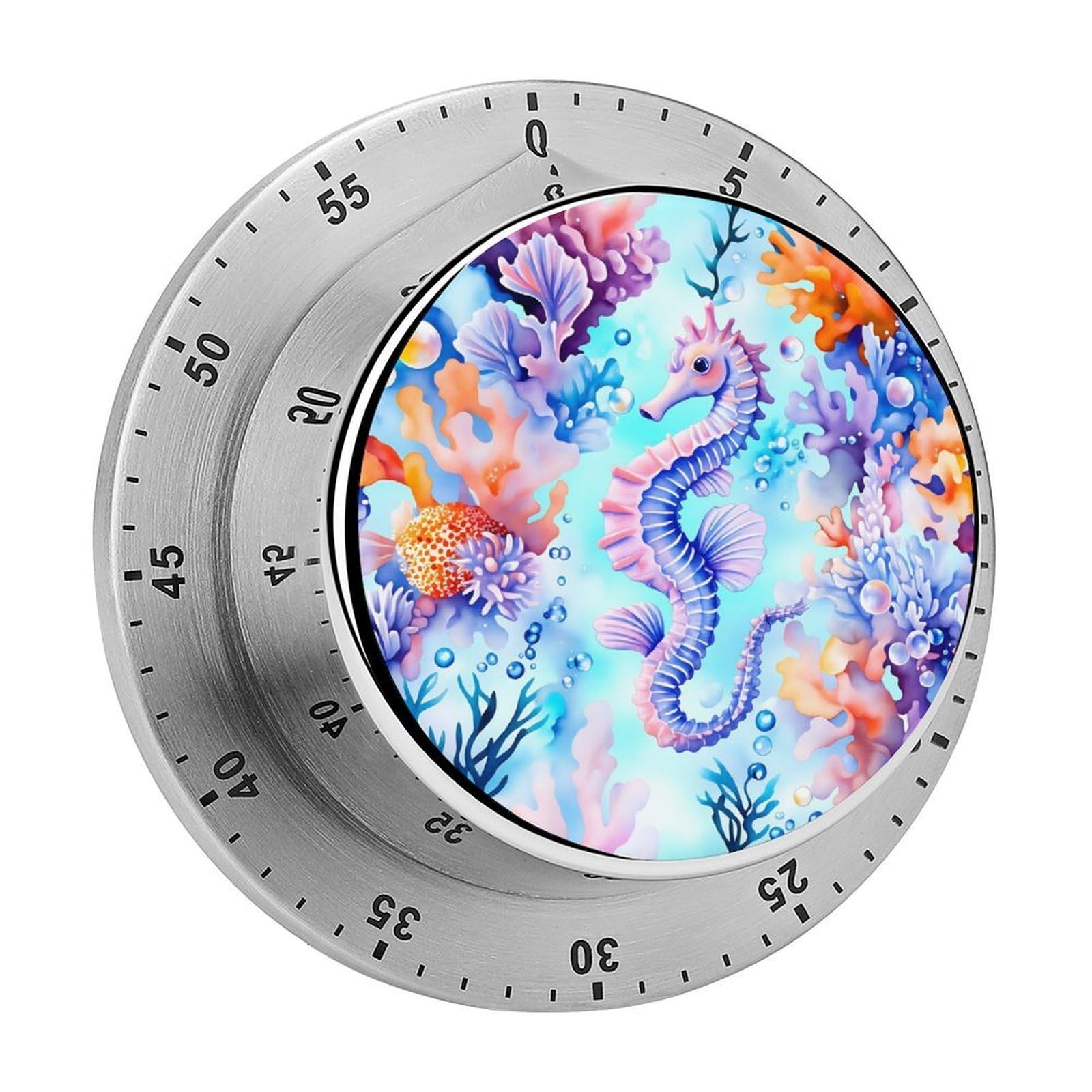 Seahorse Coral Watercolor 60 Minute Wind Up Timer,Visual Mechanical Magnetic Timer with Loud Alarm for Kitchen