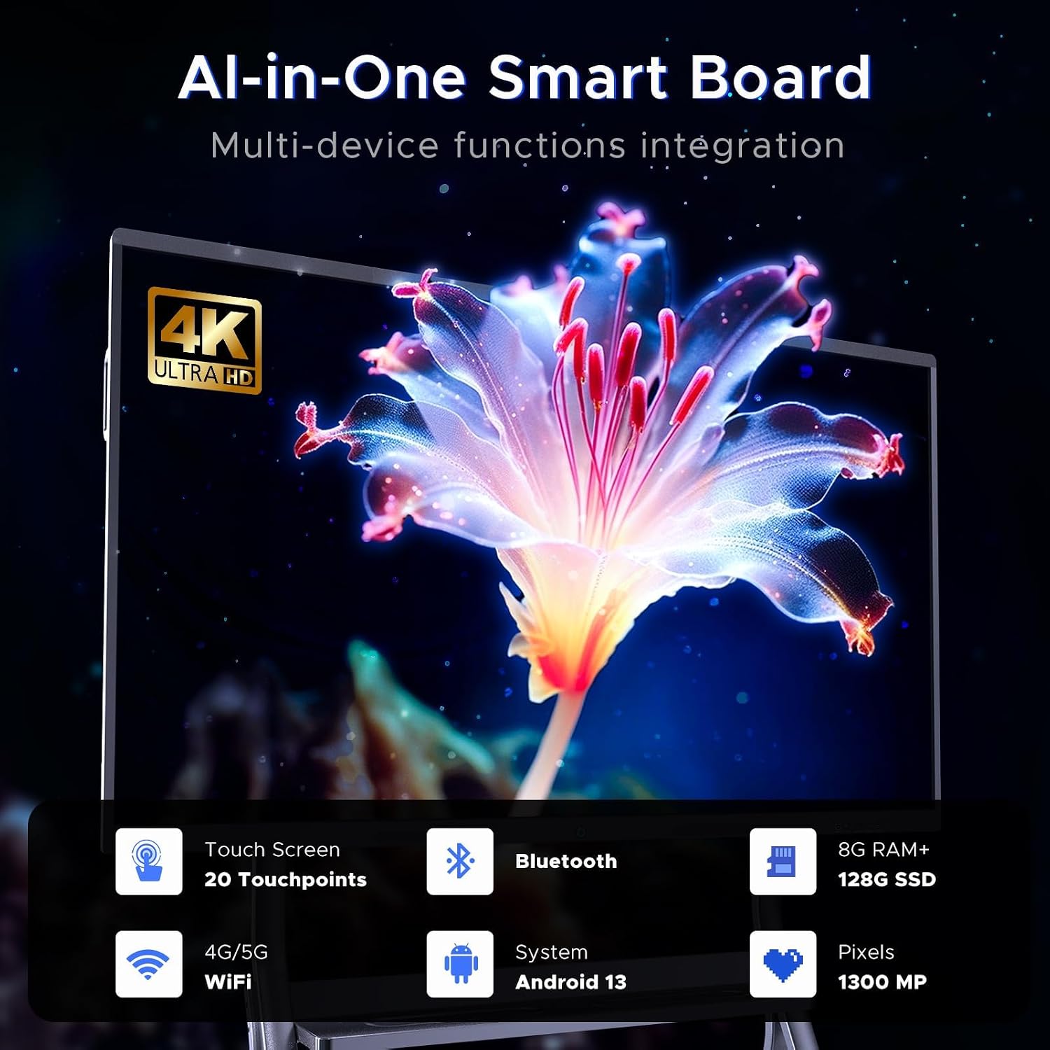65'' 4K UHD Interactive Touchscreen Smart Board, Android 14 Wireless Digital Whiteboard with Open App Ecosystem, Wall-Mounted Smartboard for Classroom Home Office Studio
