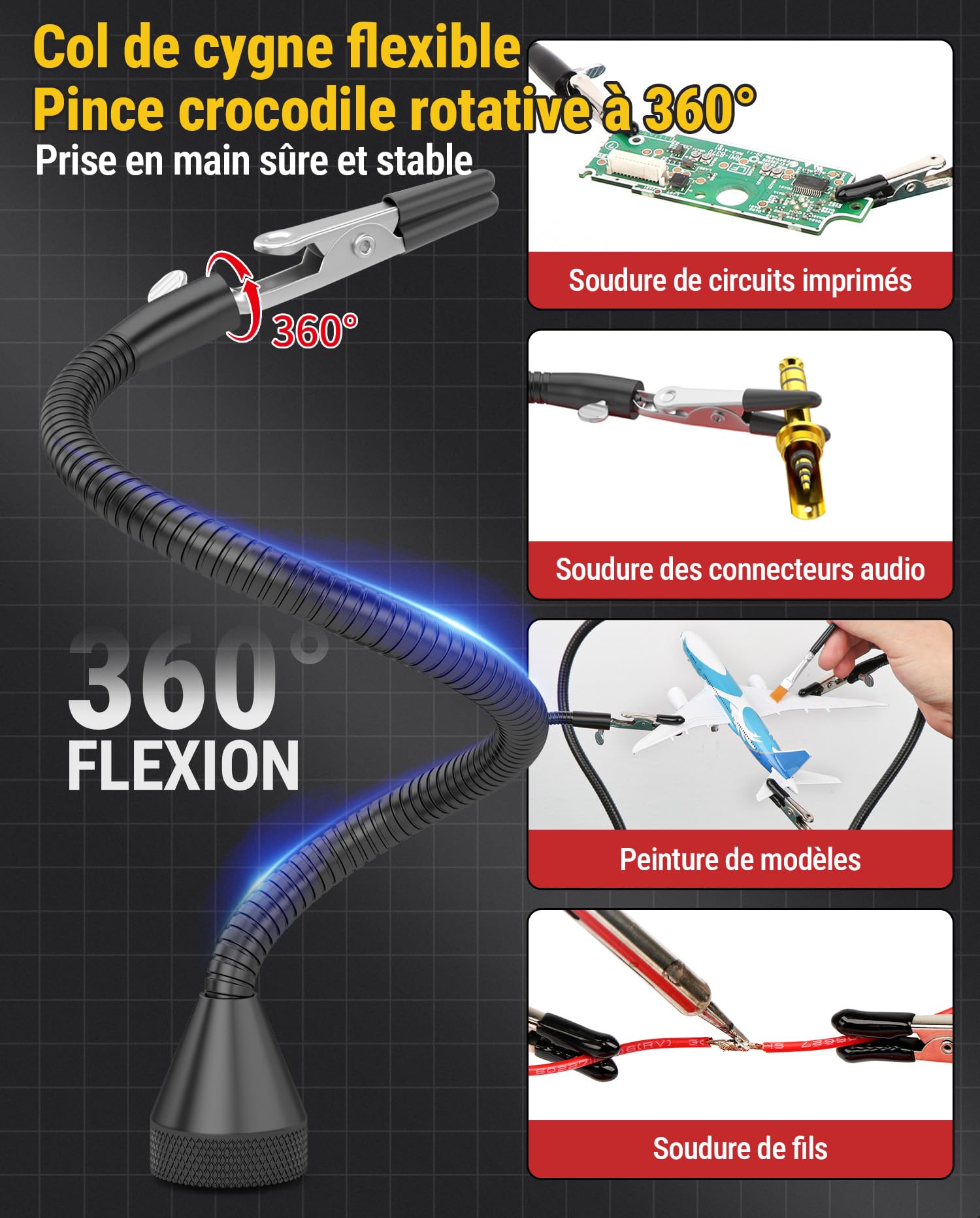 Troisieme Main pour Fer à souder avec 4 Bras Magnétique Flexibles Souder pour Réparation, Électronique, Modelisme, Créatifs, Bijoux, Atelier Hobby