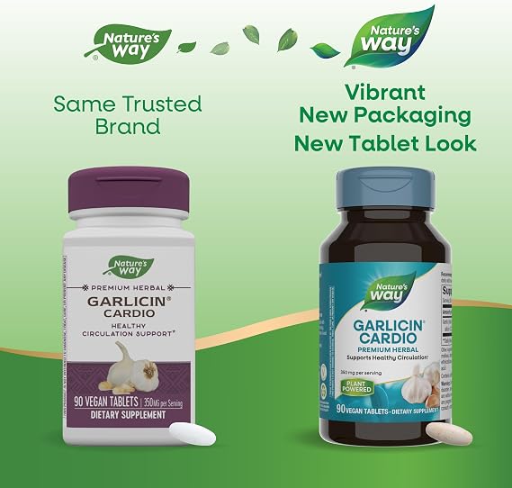 Nature's Way Garlicin Cardio, Premium Herbal, Supports Healthy Circulation*, No Garlic Taste, Vegan, 90 Tablets (Packaging May Vary) - 2 Pack