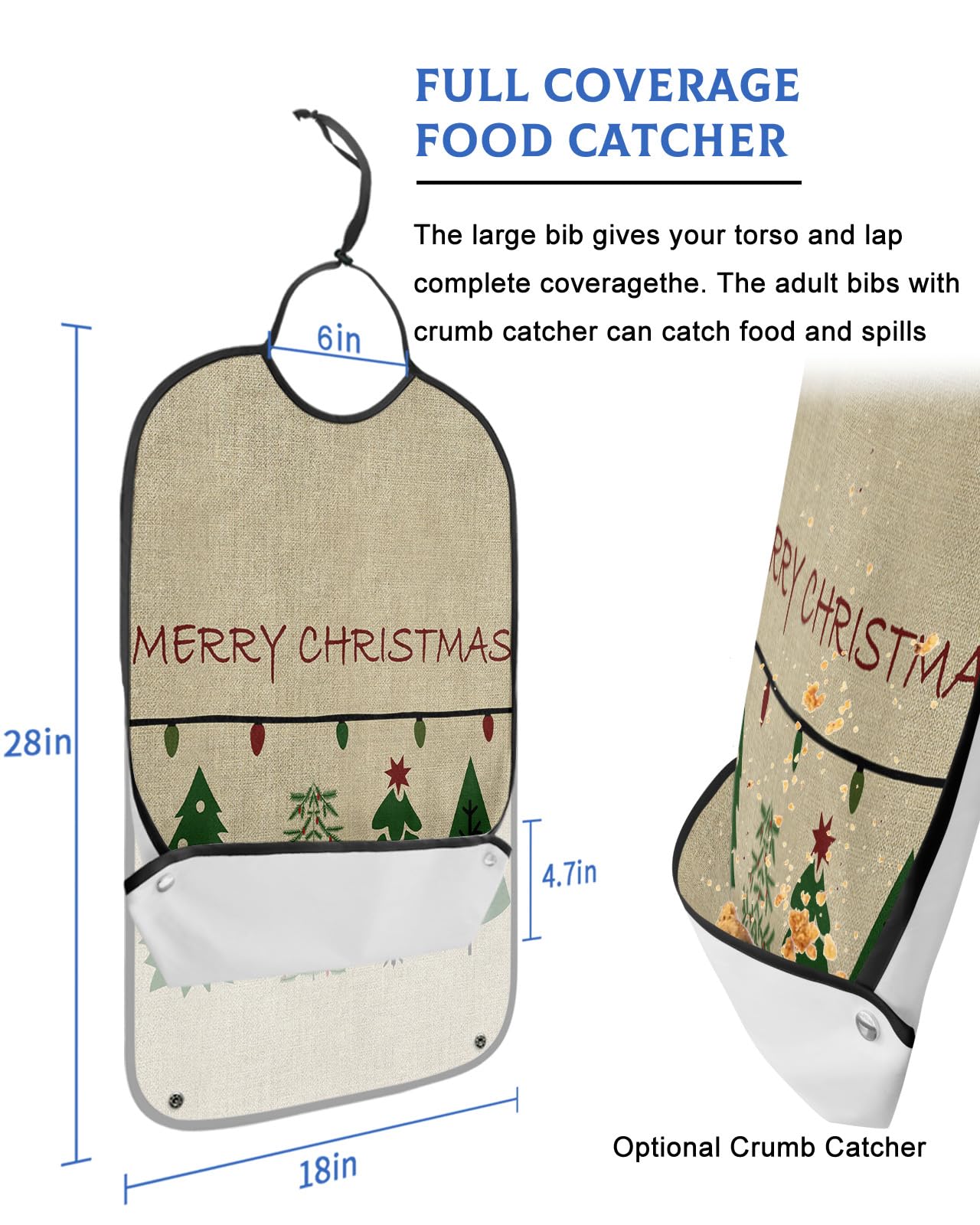 Christmas Adult Bib for Eating with Crumb Catcher,Washable & Waterproof Terry Cloth Adjustable Elderly Women Men Adult Bibs Funny Clothing Protector Vintage Xmas Tree Winter New Year Boho Polka Dot