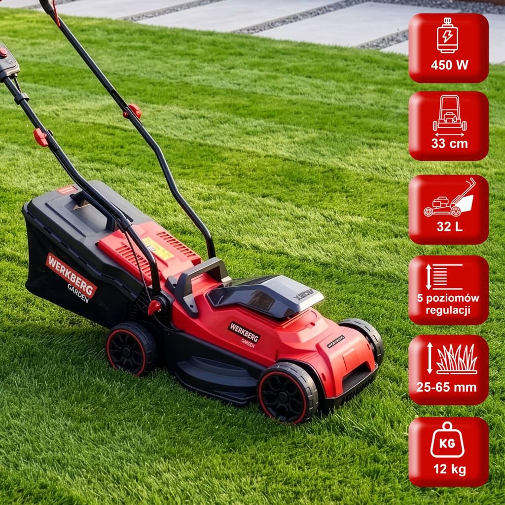Kosiarka akumulatorowa do trawy 33 cm, 450 W | 450 W, 2 x akumulator 20 V 4 Ah, Kosz 32 l, Regulacja 25–65 mm, Mulczowanie