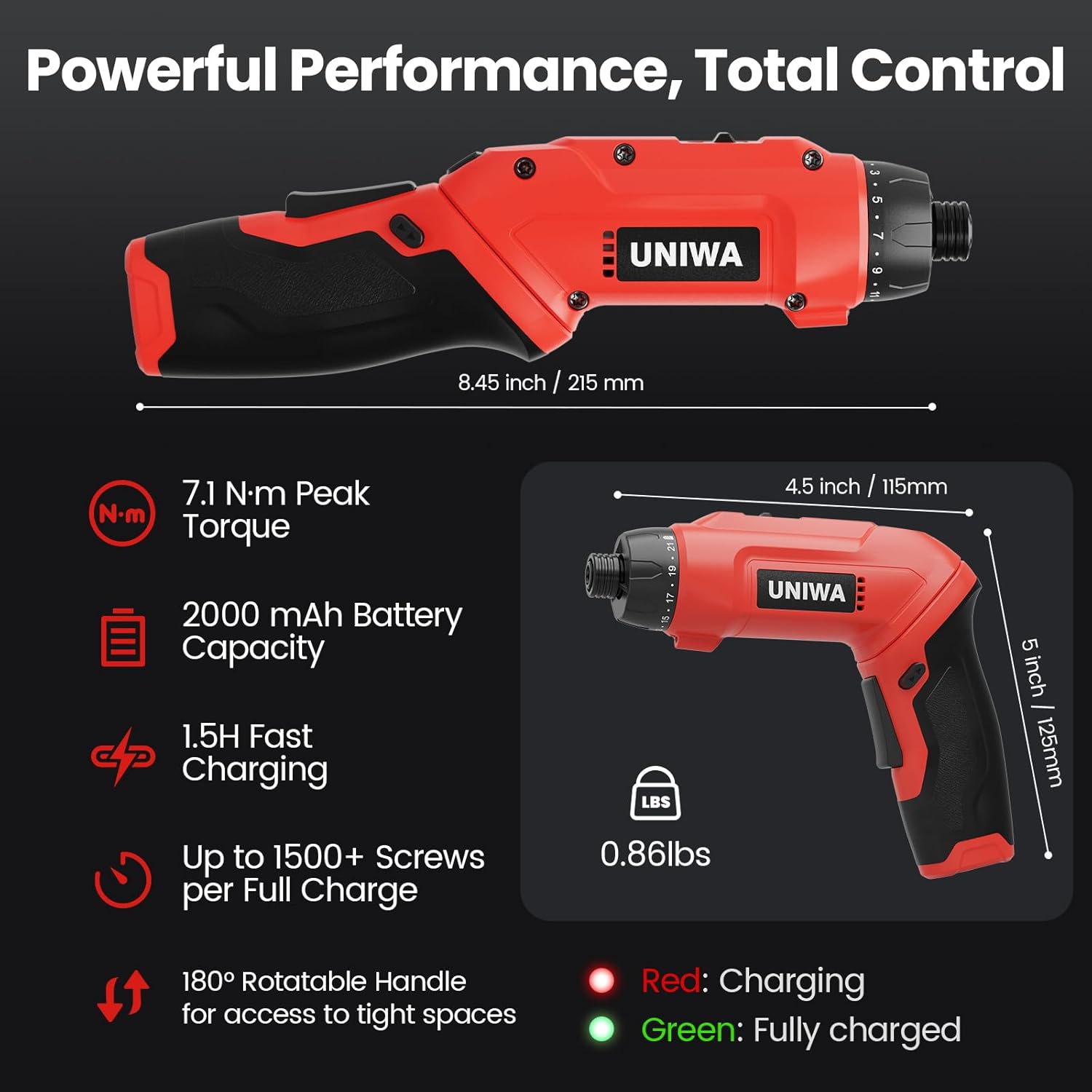 UNIWA Cordless Electric Screwdriver Rechargeable - 650 RPM Power Screwdriver Set, Cordless Drill Small Drill, Hand Drill Set, 7.1N.m, 38PCS Bits, 2000 mAh, 3.6 V Power Tools, Pivoting Handle (Red)