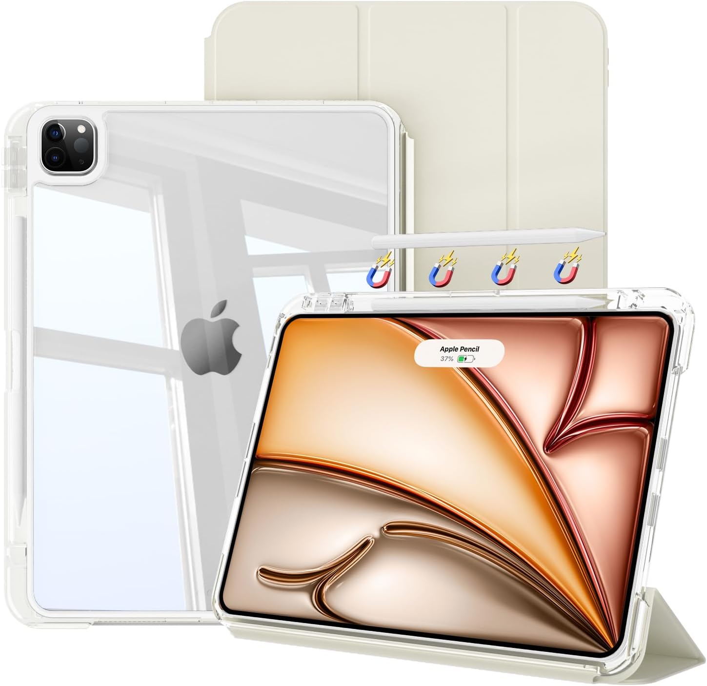 kenke Hybrid Case for iPad Air 13 Inch M3/M2 (2025/2024), Pro 12.9 Inch (6th/5th Generation, 2022/2021) with Pencil Holder, 2 in 1 Detachable Cover with Clear Hard Back, Auto Sleep/Wake, Cream White