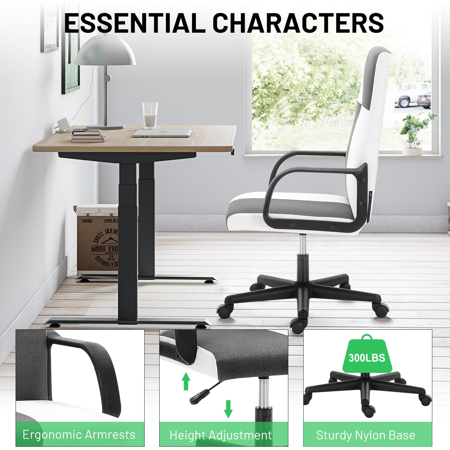 Home Office Desk Chair, Student Study Task Chair with Padded High Back and Seat Cushion, Fabric Padded Upholstered Computer Desk Chair Adjustable with Rolling Caters, Grey/White