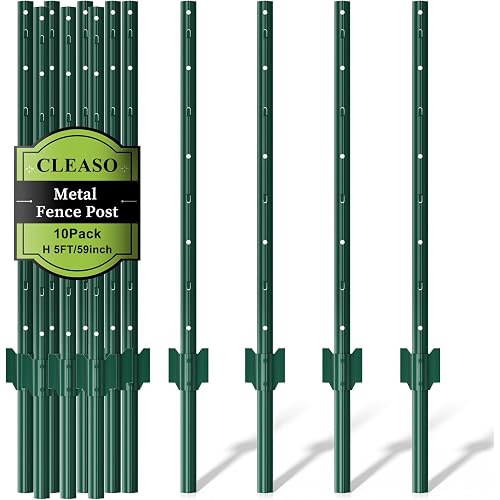 10 Pack Metal Fence Posts, 5ft Heavy Duty U-Post, Green Garden Stakes, No-Dig Post Anchors for Wire Fences, Temporary Fencing, Electric Fence, and Corner Support