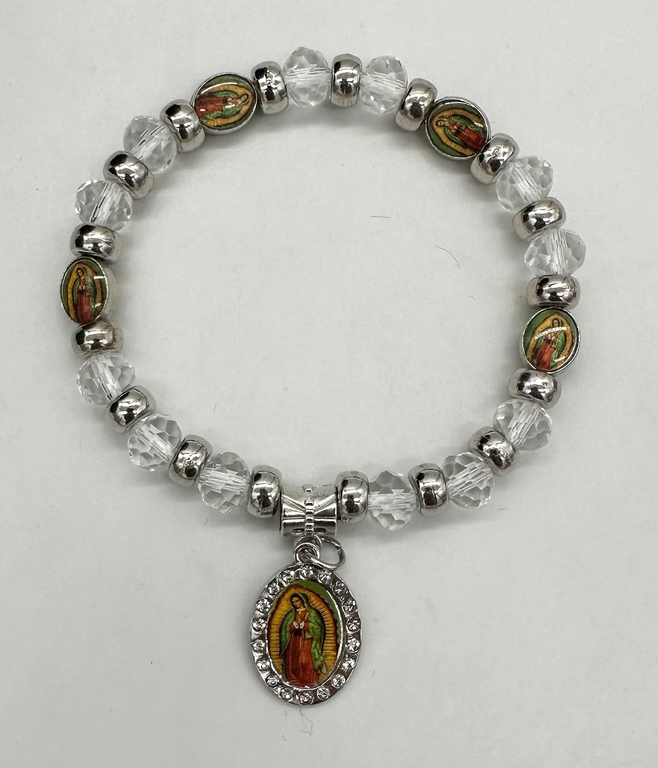 Virgen De Guadalupe Crystal White Rosary Beaded Bracelet Recuerdos de Bautizo Primera Comunion, Our Lady of Guadalupe Party Favor - 12 PCS