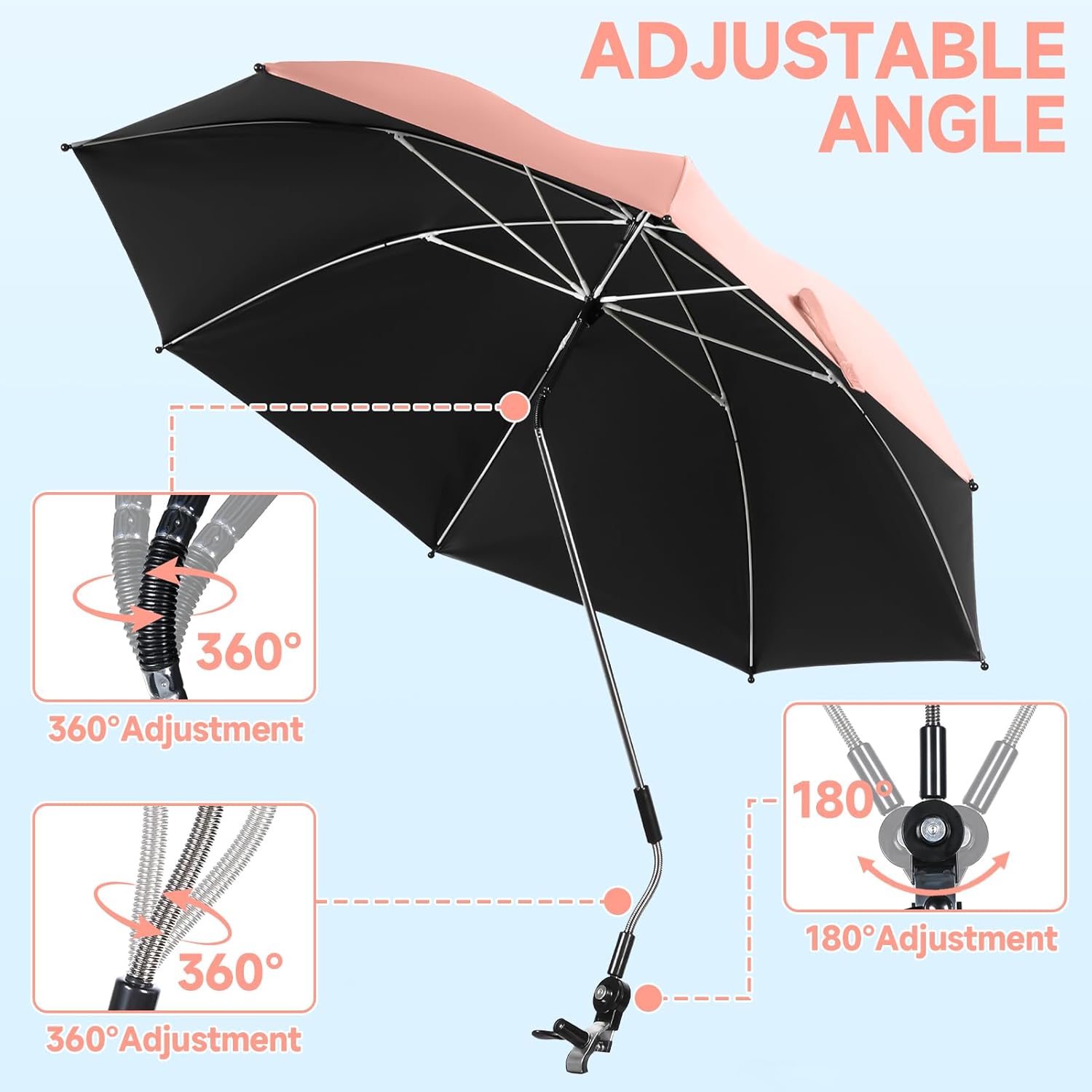 2 Pack Chair Umbrella with Clamp Adjustable, 48 Inch Beach Umbrella 360-degree Swivel UPF50+, Portable Umbrellas for Beach Chairs, Patio, Wheelchair, Camping Chairs, Golf Cart