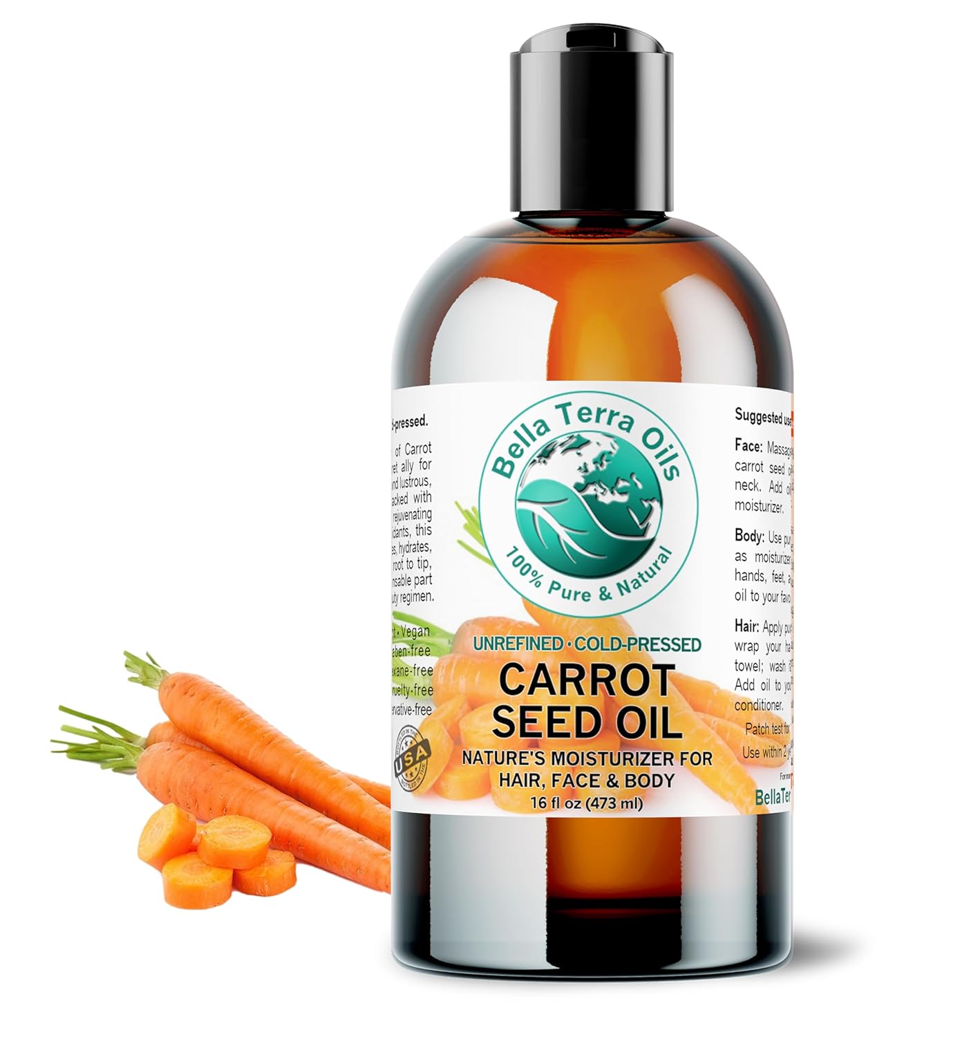 Bella Terra Oils - Organic Carrot Seed Oil 16 oz - Pure Organic Carrot Essence, Offering the Best of Vitamin C & Omega Fatty Acids, The Beacon of Natural Skin Care