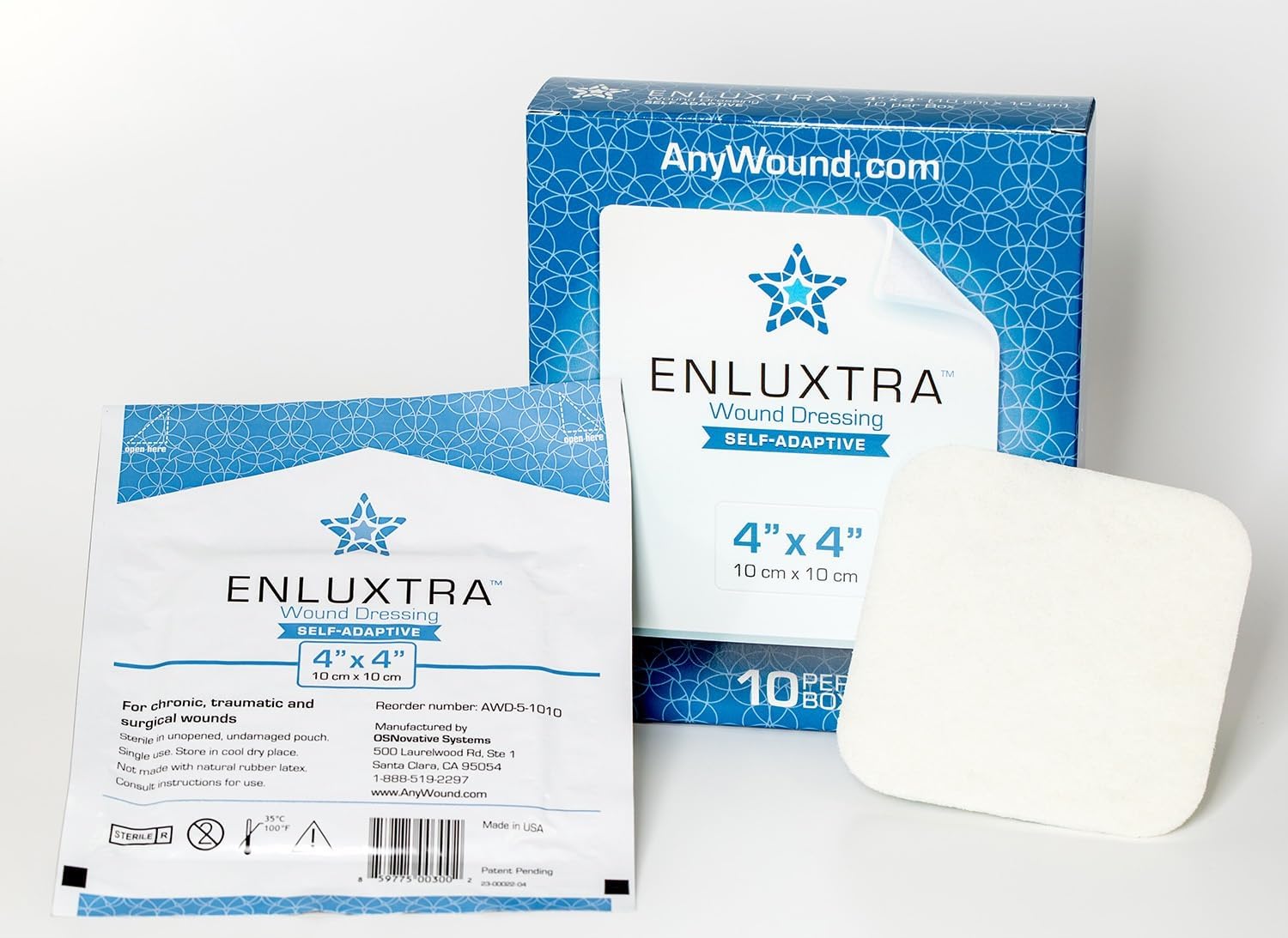 004 Any Wound Dressing Enluxtra 4"x 4" Advanced Self-Adaptive Super Absorbent Dressings for Moist Healing of Wounds with Any Drainage Level, Box of 10