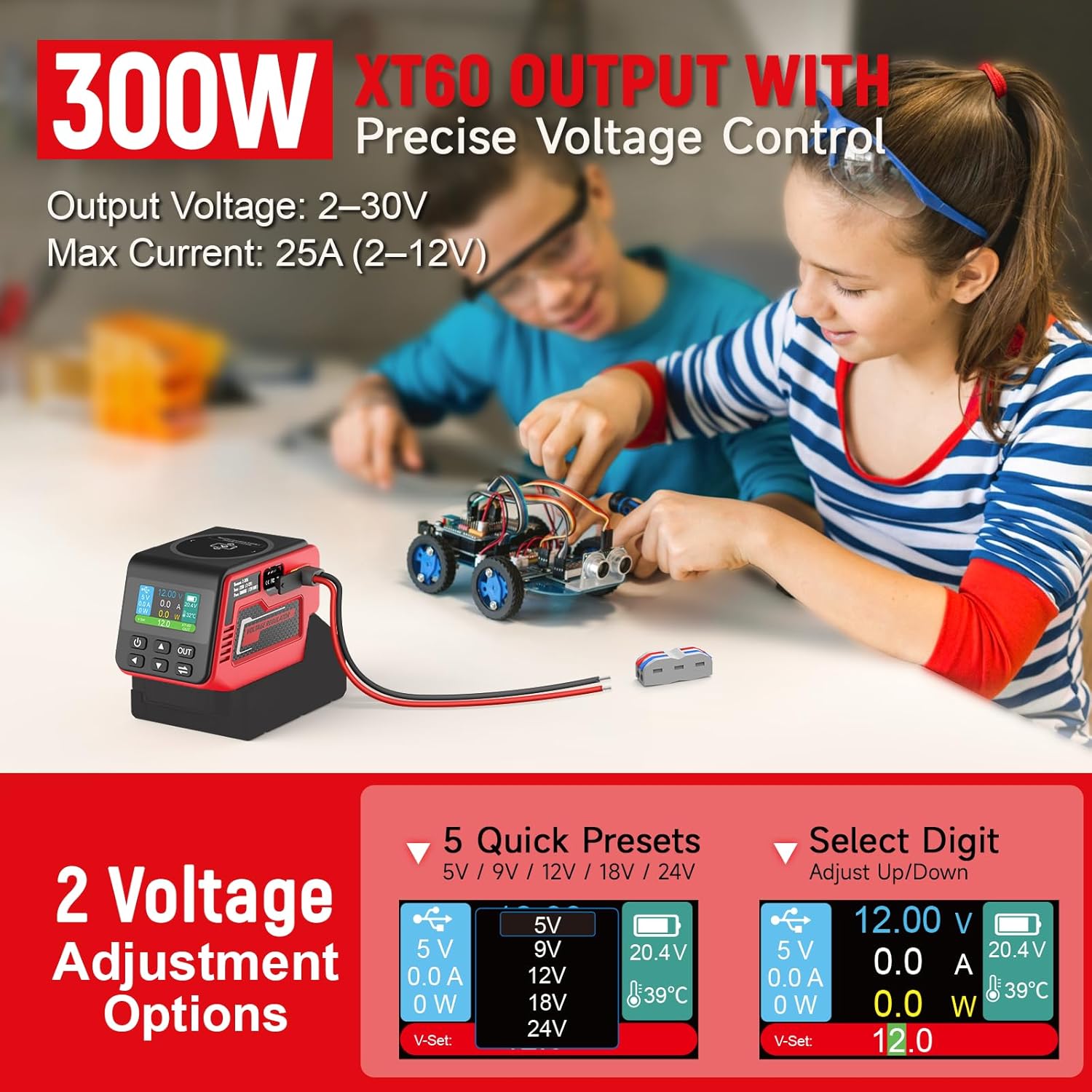 300W Adjustable DC 2–30V Voltage Regulator Compatible with Milwaukee 18V Battery XT60 Output, 140W Type-C, 18W USB-A, 15W Wireless Charger, LCD Display (Battery Not Included)