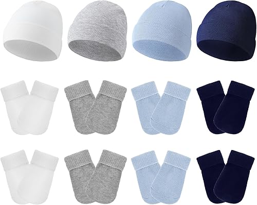 Hercicy Juego de 4 gorros y manoplas de algodón para prematuros, gorro para bebés sin rasguños, gorro de hospital Nicu para prematuro niño y niña