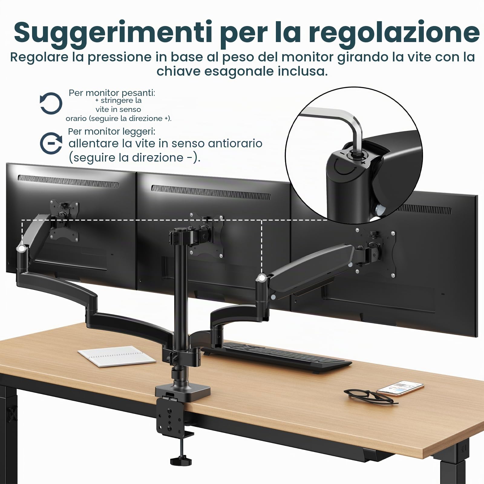 Supporto per monitor 3 monitor, WORLDLIFT Premium in alluminio Supporto per 3 monitor per schermi LCD LED da 17“-27”, supporto da tavolo regolabile in altezza, 7 kg/braccio, vesa 75/100 mm