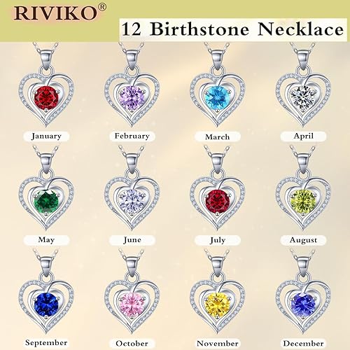 Miniatura 5 de RIVIKO - Collar con dije de piedra natal de corazón para mujer, plata de ley 925 y circonita, collares de Navidad, San Valentín, día de la madre
