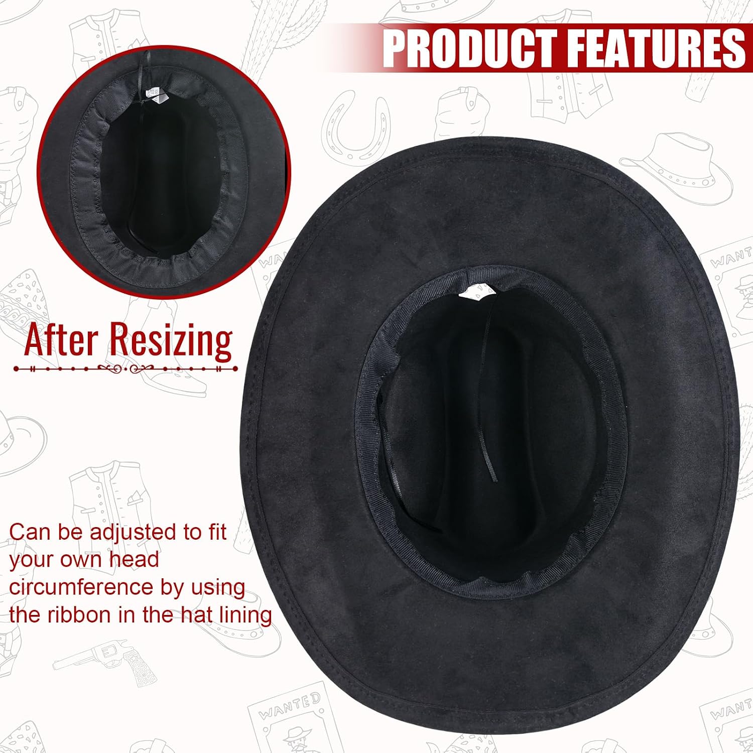 Western Cowboy for Men and Women, Wide Brim Black Cowboy Hat with Decorative Bands