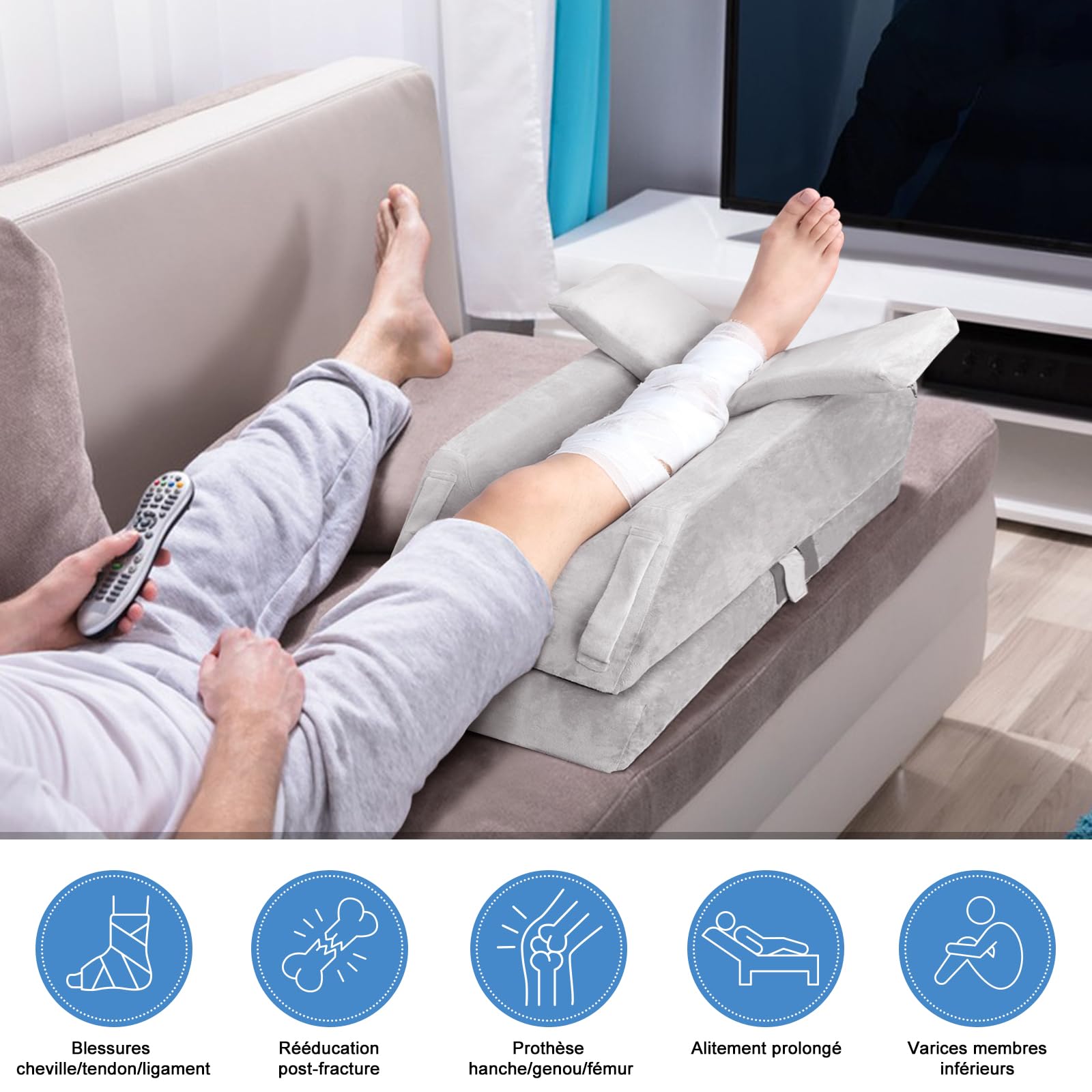 Coussins Relève-Jambes réglable en 4 hauteurs, Idéal après une Chirurgie, pour Blessures ou Détente, Mousse Mémoire Orthopédique, Doté de 3 Poignées et d'un Insert Amovible, Housse en Velours Lavable