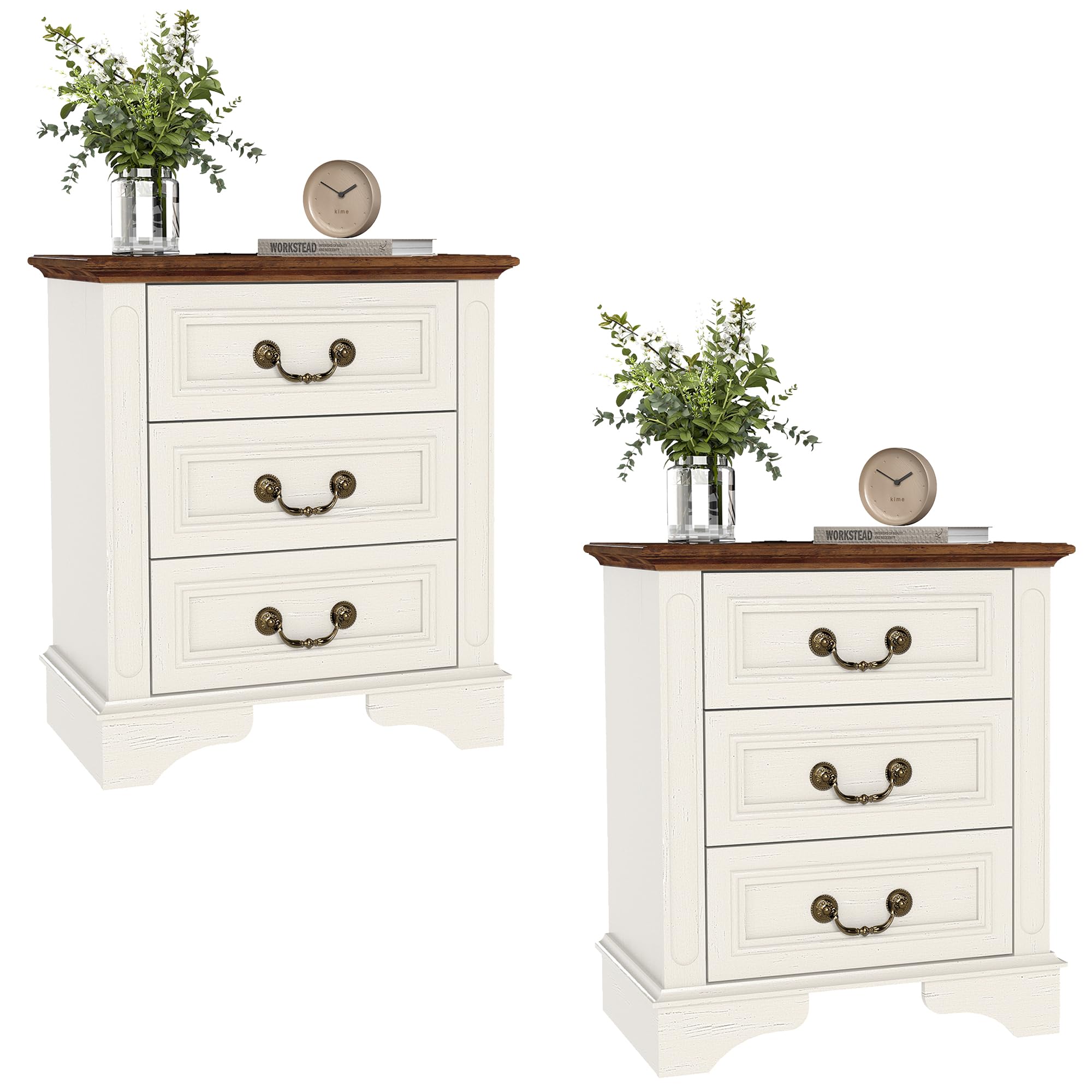 GlowVitaHome 3-Drawer Nightstand with Charging Station, Farmhouse Bedside Table with 2 AC Outlets & 2 USB Ports, Waterproof Wooden End Table for Small