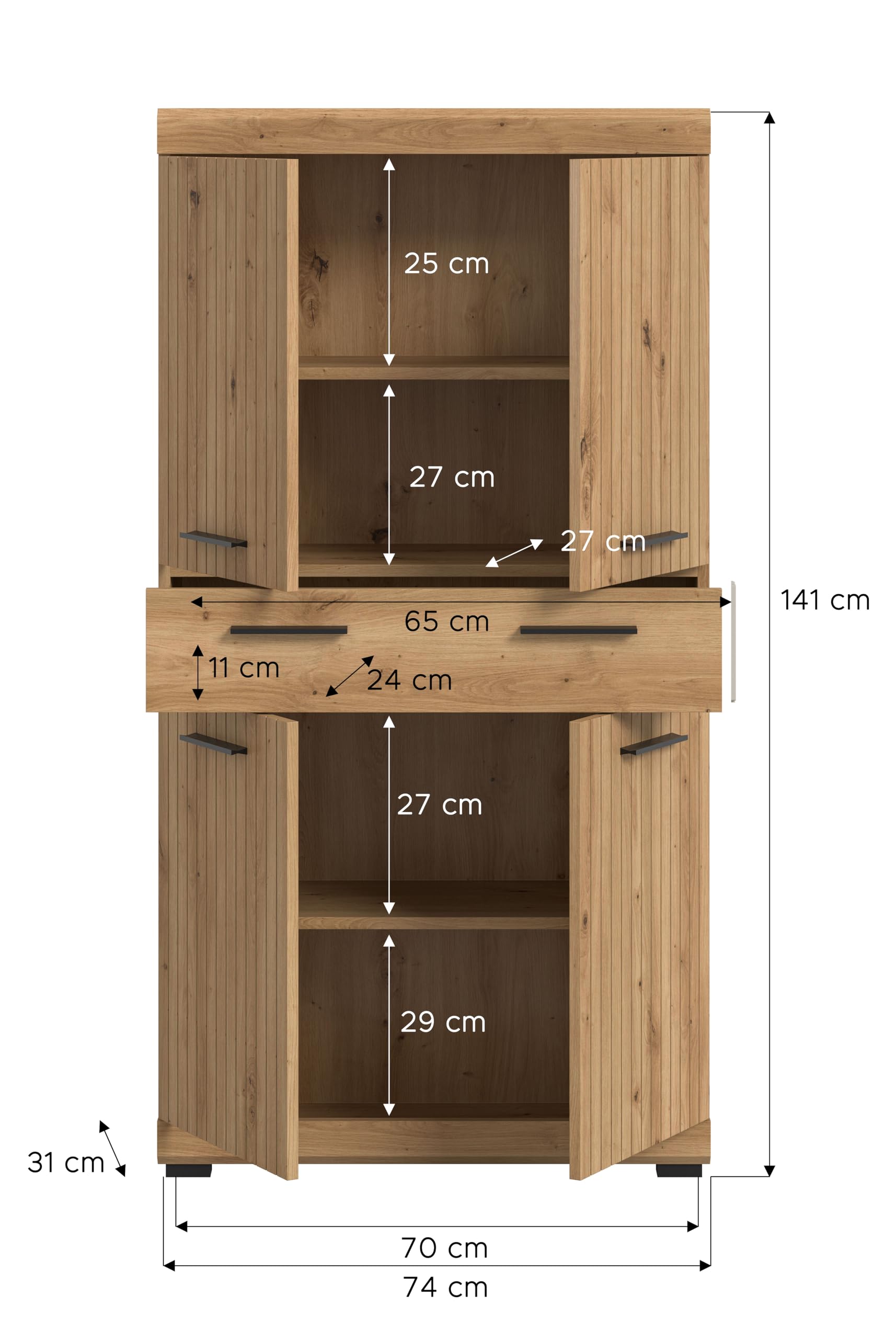 xonox.home – Midischrank Scout 74x141x31 cm in Artisan & Schwarz – Mittelhoher Badschrank mit 4 Türen & 1 Schubkasten –eschlossene Fächer bieten optimalen Platz für Ihre tägliche Routine im Bad – Bild 4