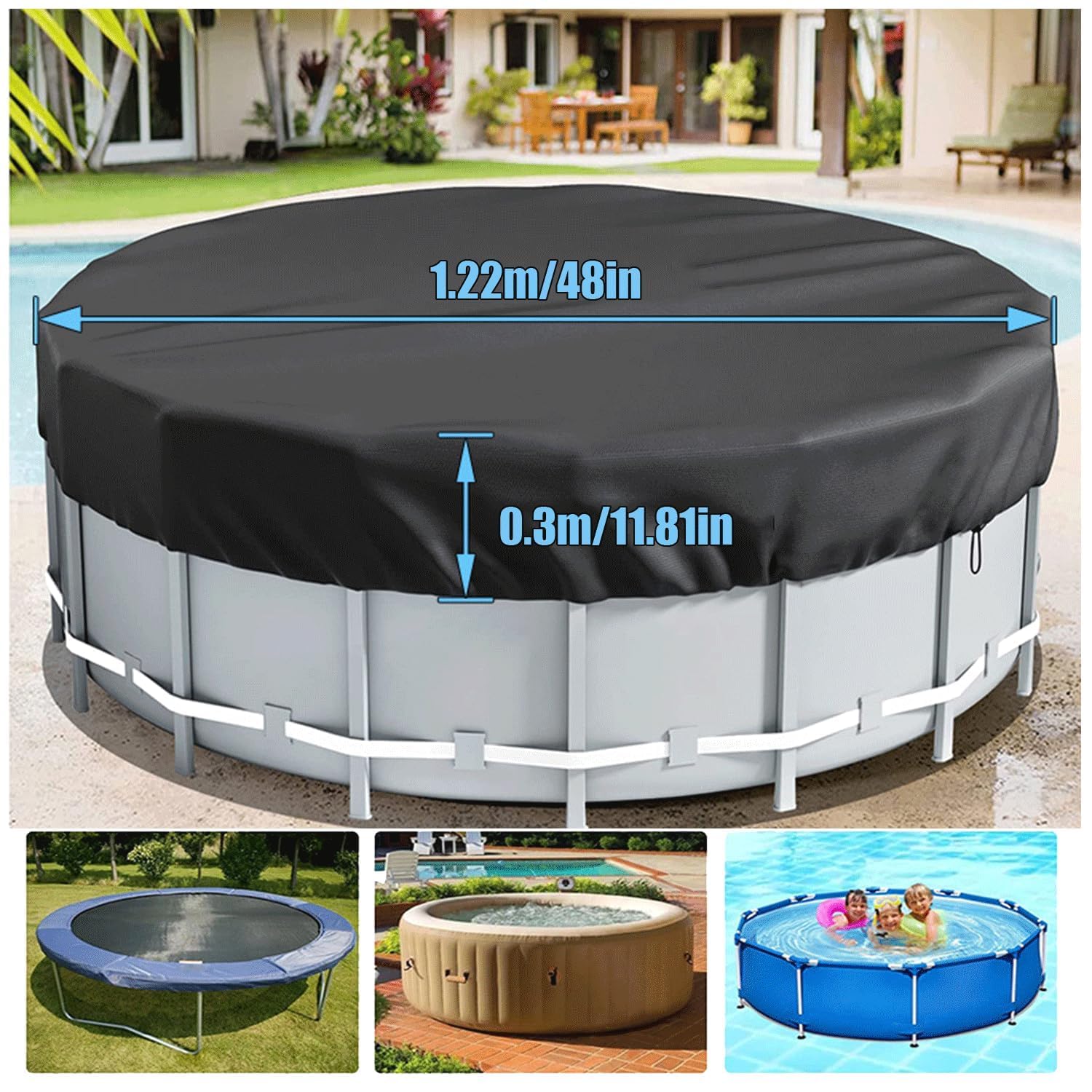 Coperture per piscine rotonde da 8 10 12 4,6 m, coperture per piscine interrate fuori terra con coulisse, impermeabili e antipolvere, coperture per coperte per vasca idromassaggio (4,5 m rotonde