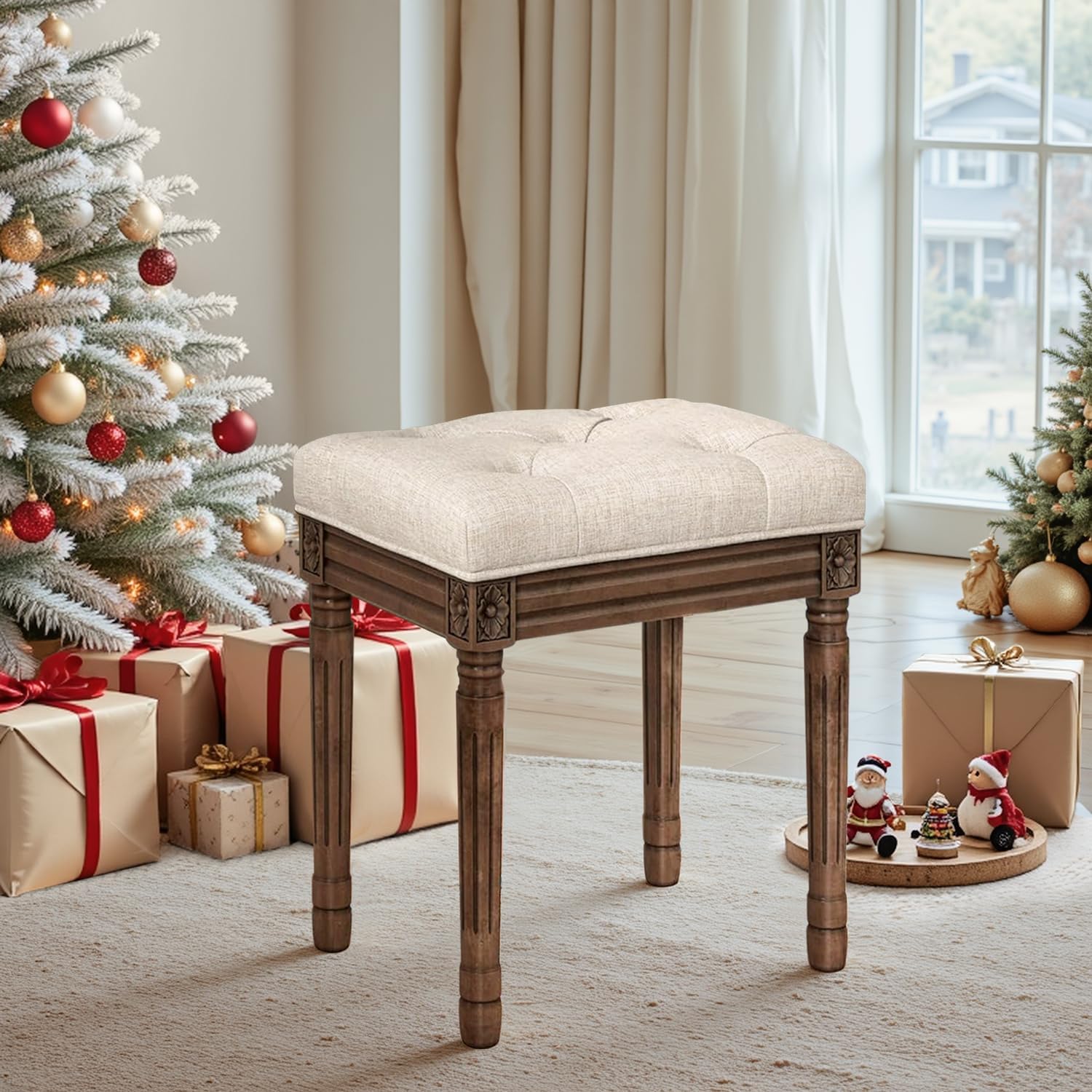 Upholstered Fabric Vanity Bench Seat, Makeup Stools for Vanity, 18" in Memory Foam Vanity Stool, Rectangle Tufted Ottoman Bench with Carved Walnut Wood Legs for Bedroom Living Room, Linen Linen With Walnut