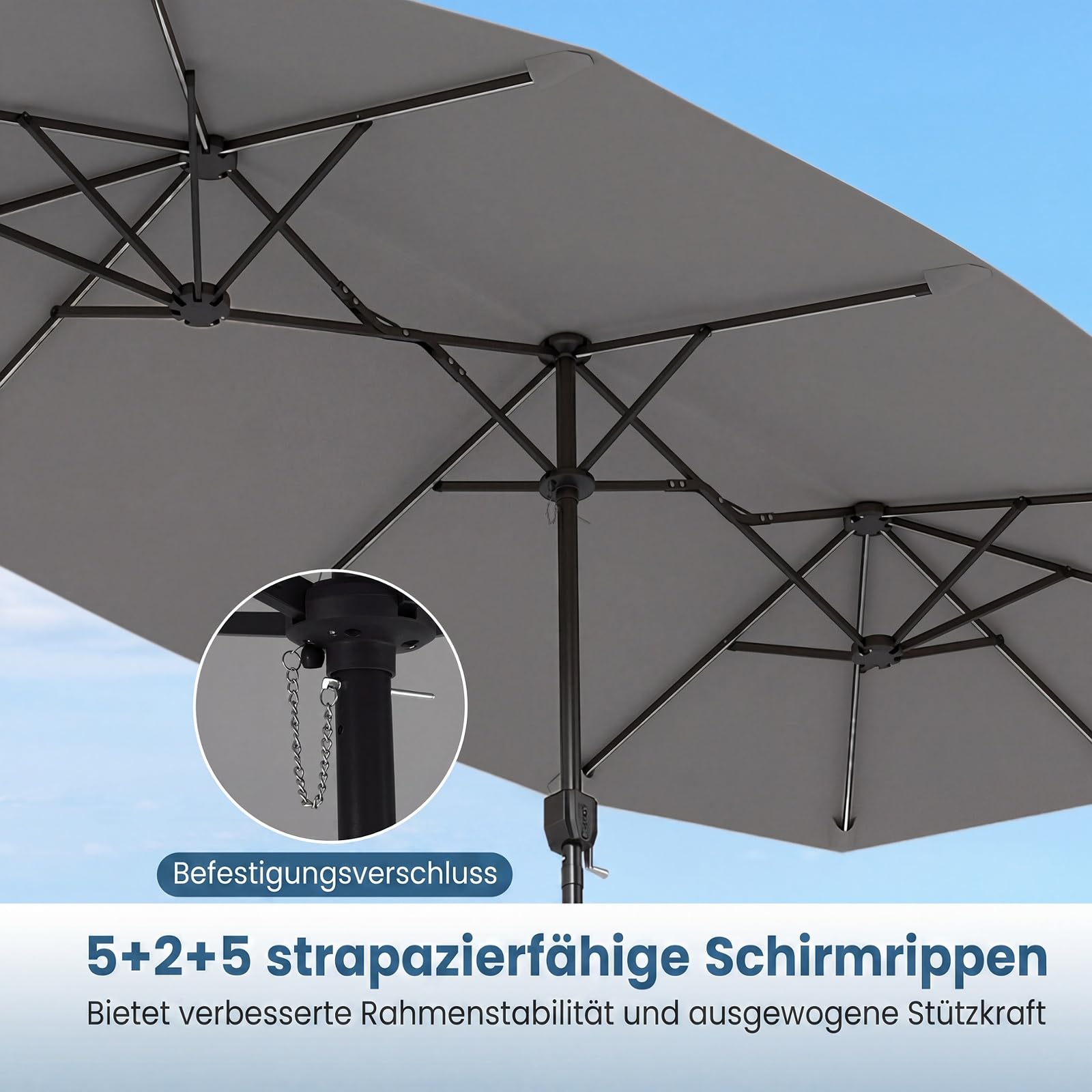 COSTWAY Doppelsonnenschirm 375x200cm, Doppel Sonnenschirm mit LED-Solar-Beleuchtung, 12 Beleuchtungsmodi, 2 Lademöglichkeiten, Gartenschirm mit Kurbel, Terrassenschirm, Marktschirm (Grau)