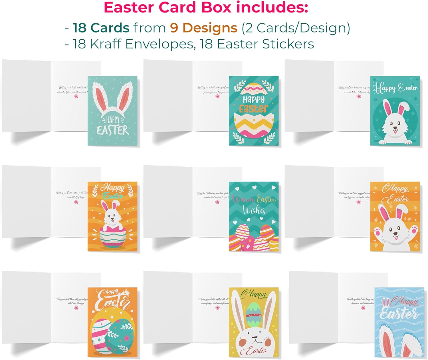 Easter Cards with Envelopes – 18 Greeting Cards Boxed Set with 18 Kraft Envelopes & 18 Stickers, 9 Cute Designs (2 Cards Each), Happy Easter Gifts for Kids, Adults, Son, Daughter, Family & Friends - Image 3