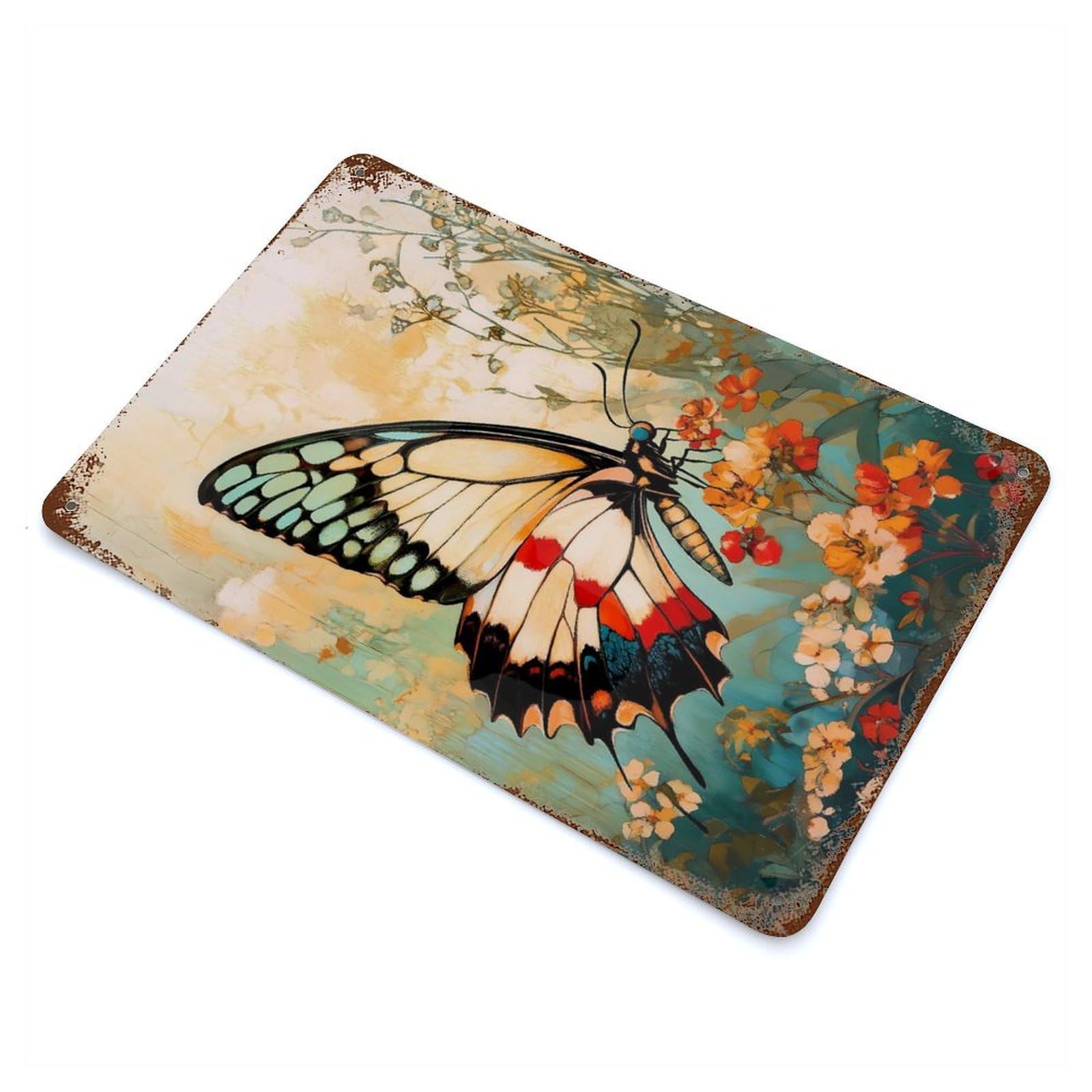 Butterfly on Flowers Vintage Wall Sign 11.8"x7.9", Rust Effect Metal Decor for Cafe, Home Bar And Lounge Decor
