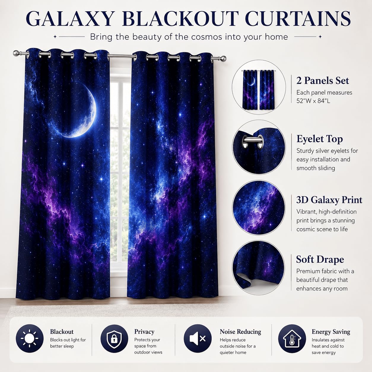 Tende Oscuranti Cielo stellato 3D con Occhielli, 2 Pezzi, 117x137 cm | Tende Termiche Isolanti Luna, Ideali per Camera da Letto, Soggiorno e Cucina, Morbide e Decorative