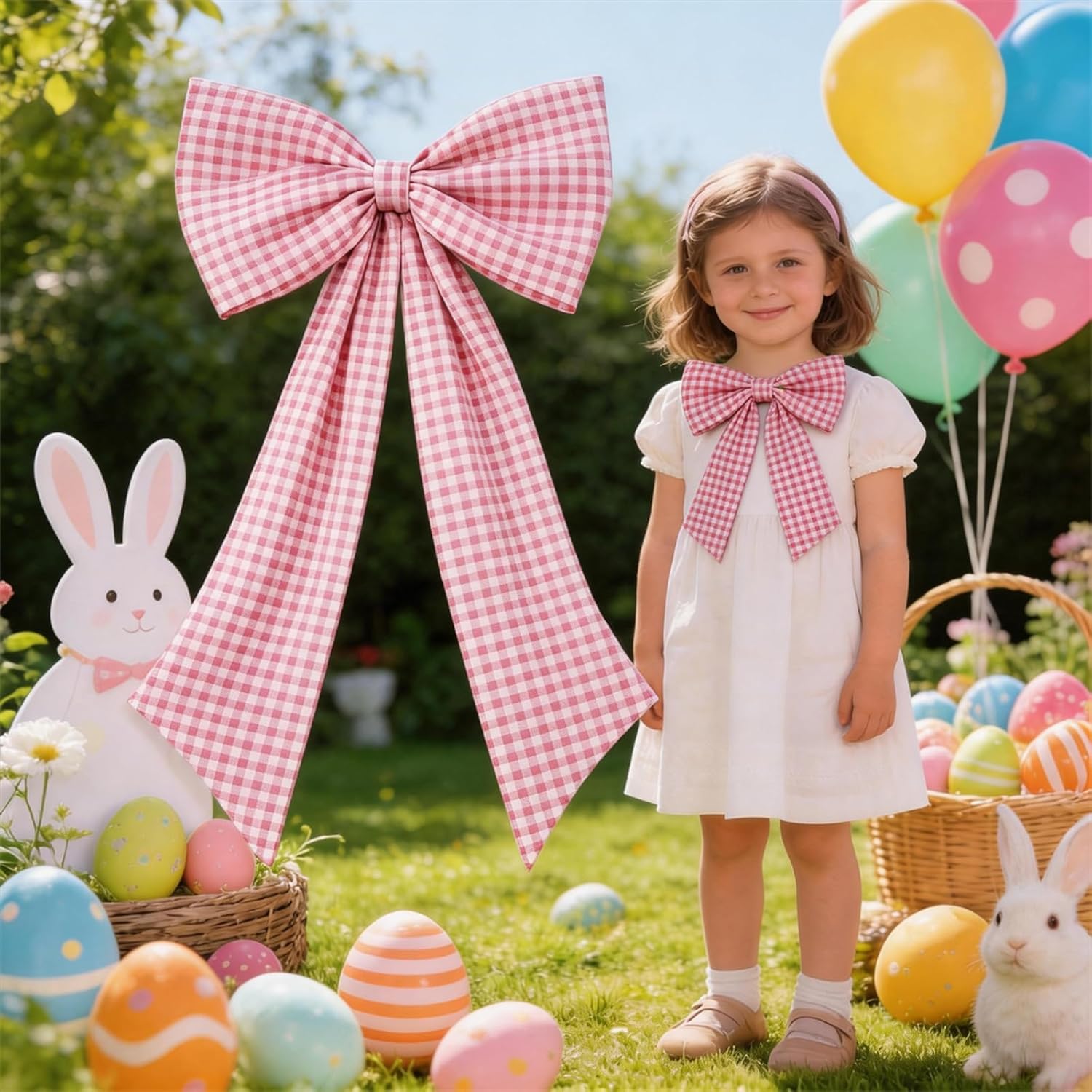 Pink Checkered Bow Decor 2 Pack,Large & Small Blue and White Coquette Room Backdrop Wall Decor for Women Girls Birthday One Silly Goose Baby Shower Bridal Engagement Wedding Party Decorations