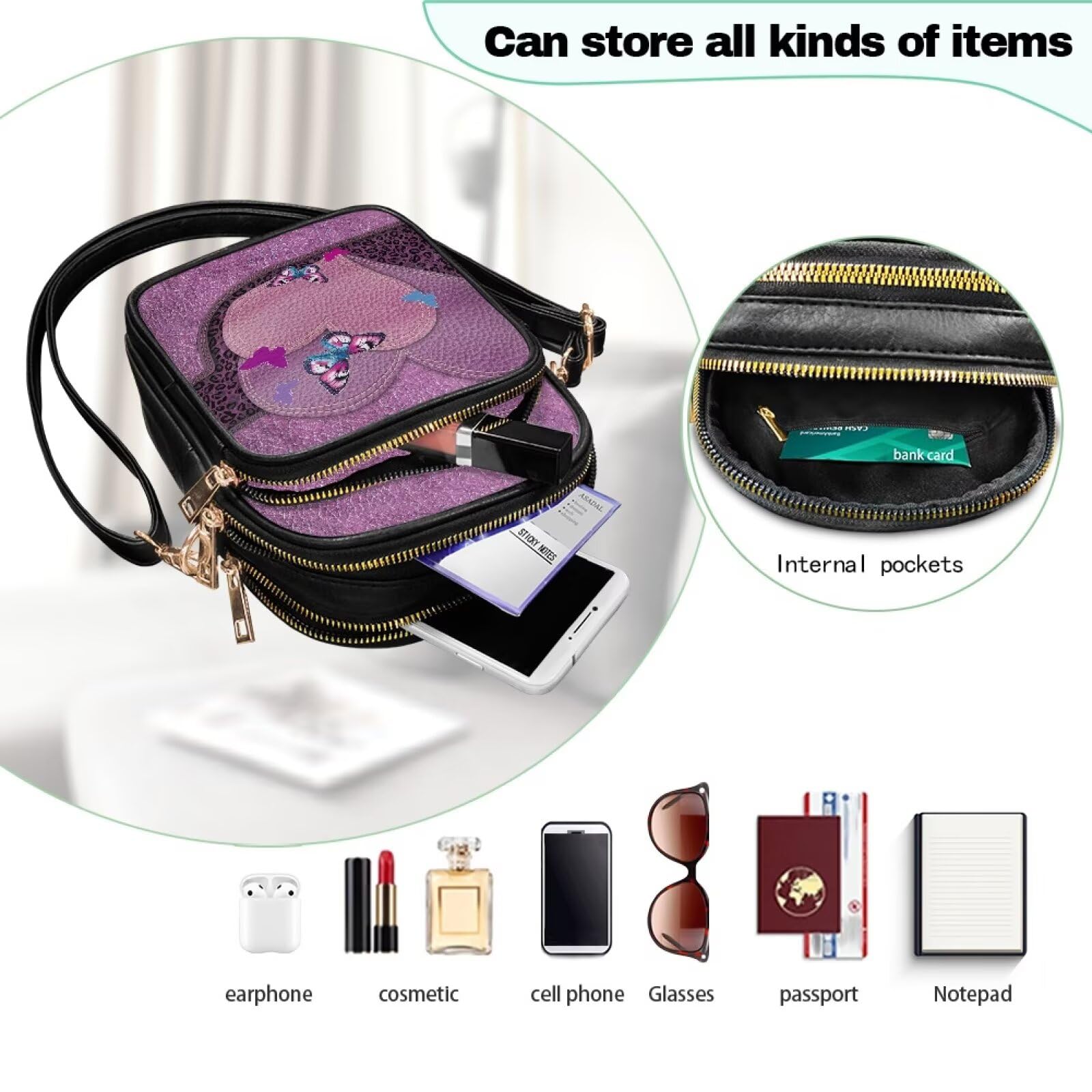 Fioletowe serce skórzane torby crossbody dla kobiet motyl lampart tornister torby warstwowa torebka do przechowywania dla kobiet crossbody, mała torba na telefon, niezbędna do pracy